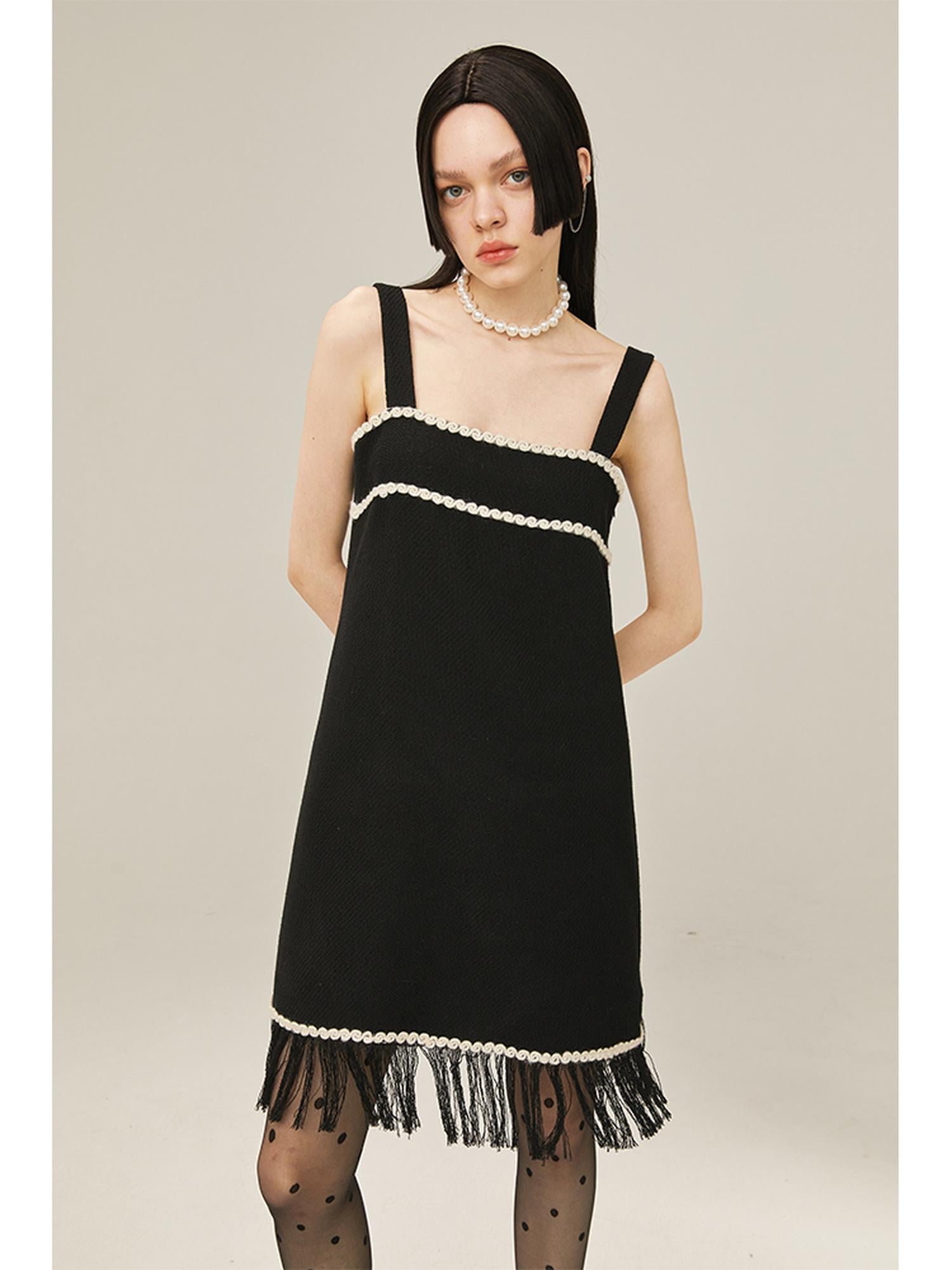 DIDDI MODA Vintage Chanel Style Black Crochet Mini Dress Set With Fringe