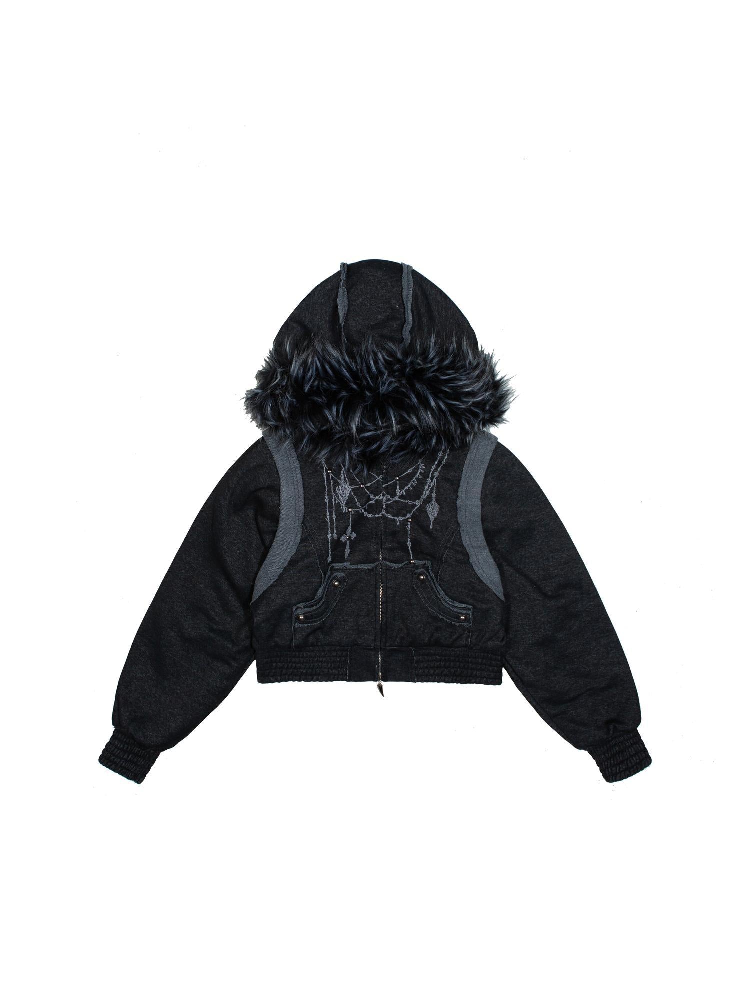 ARIADNAw Ariadna Punk Embroidered Fur Collar Bomber Jacket