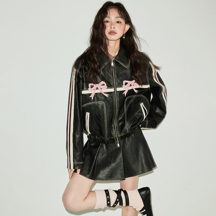 DIDDI MODA Sweet Crush Bow Vintage Pu Jacket