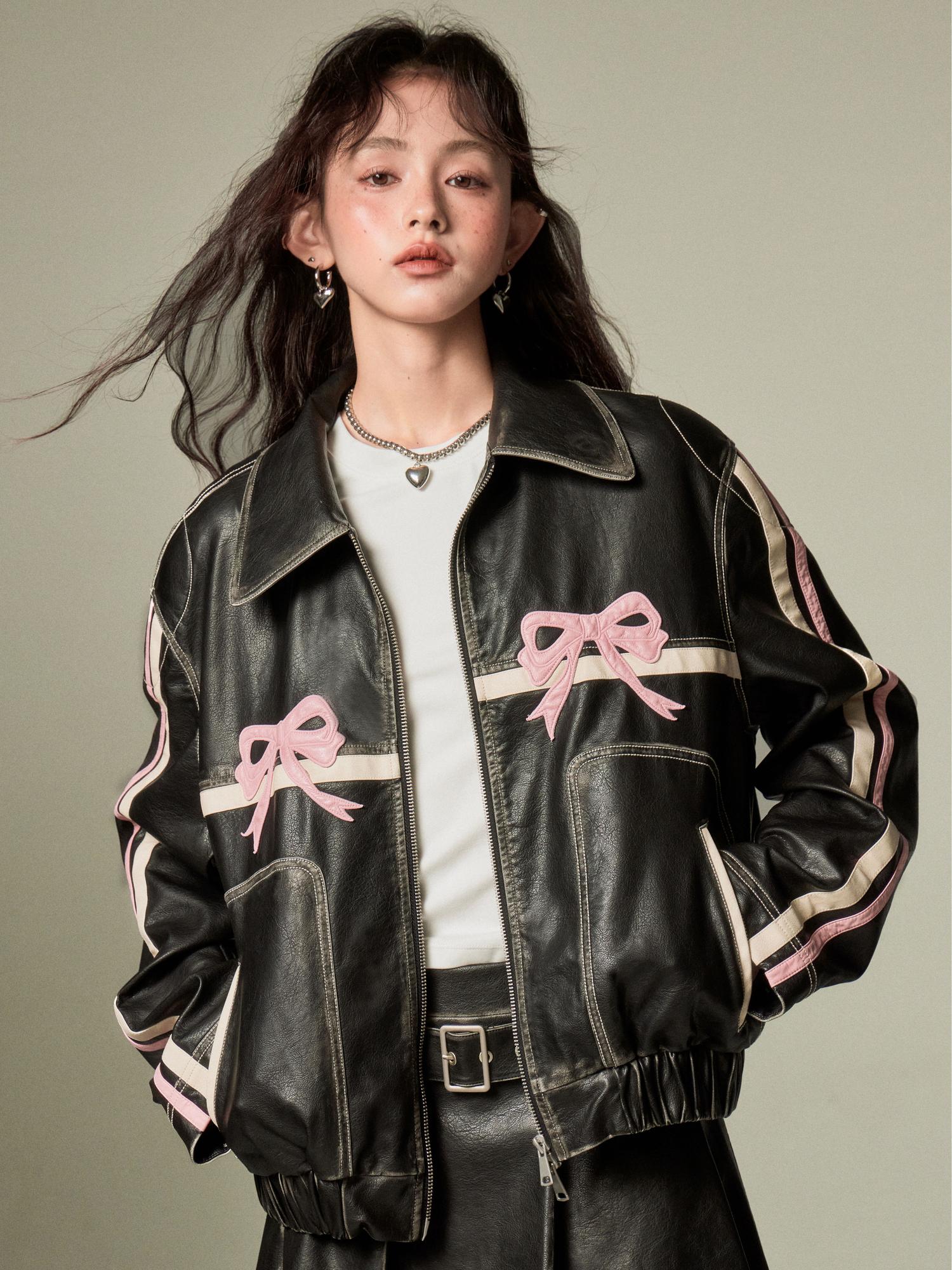 DIDDI MODA Sweet Rebel Bow Vintage Distressed Pu Jacket