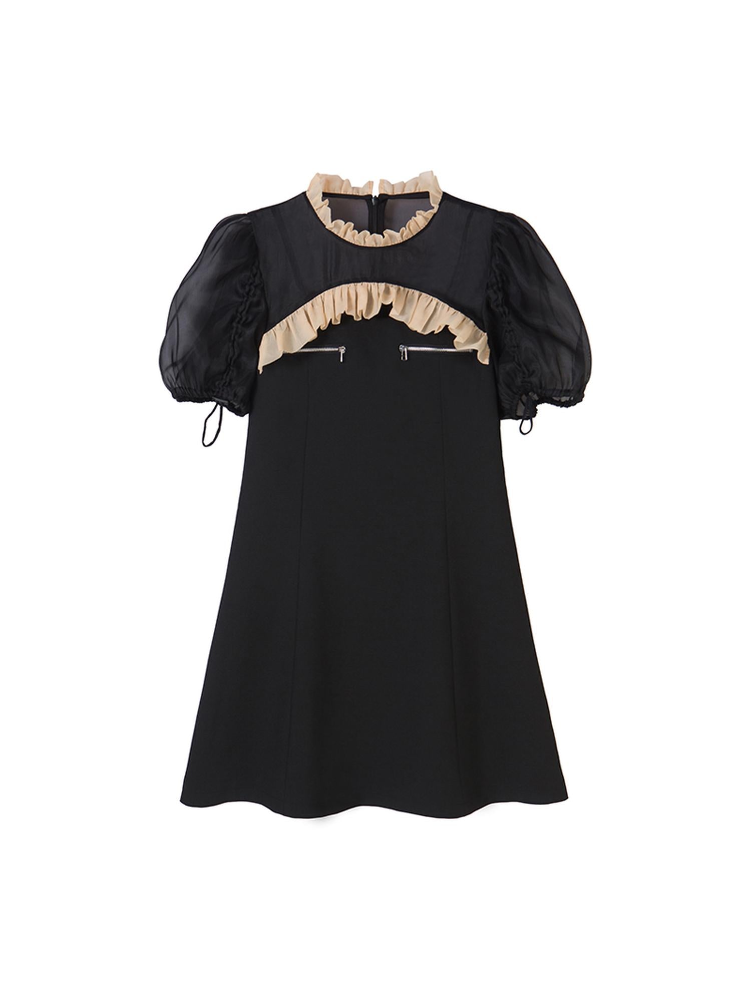 DIDDI MODA Bubble Sleeve Cheongsam Mini Dress With Lace Trim