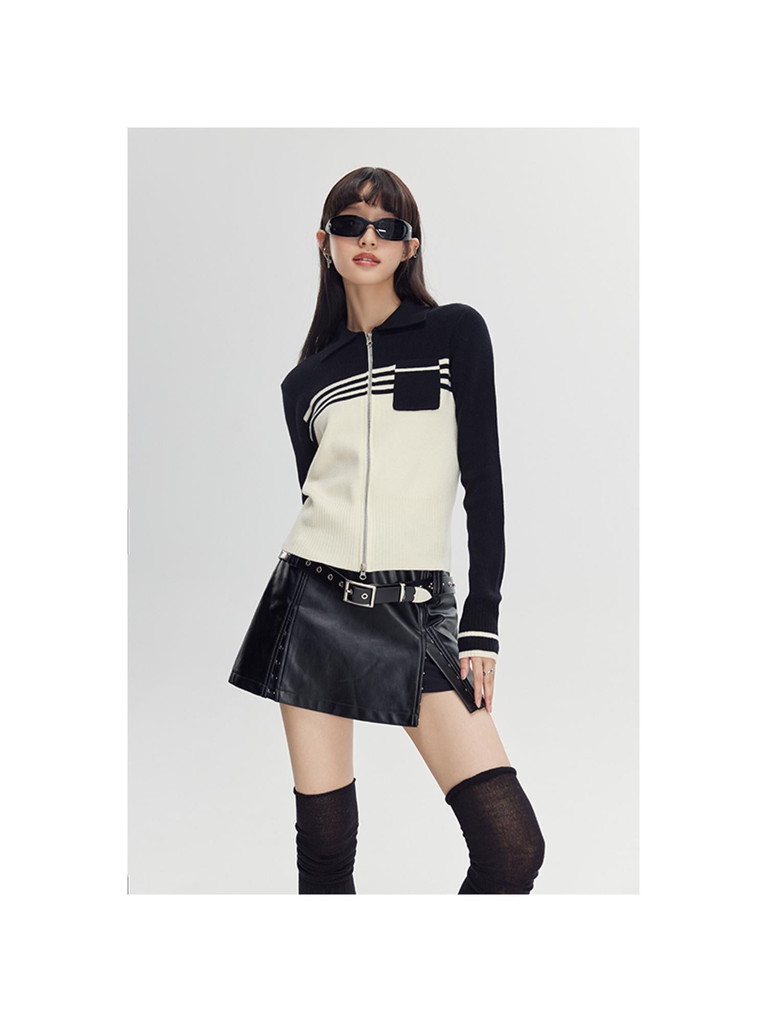 DIDDI MODA Retro Dual Zip Colorblock Knit Sweater