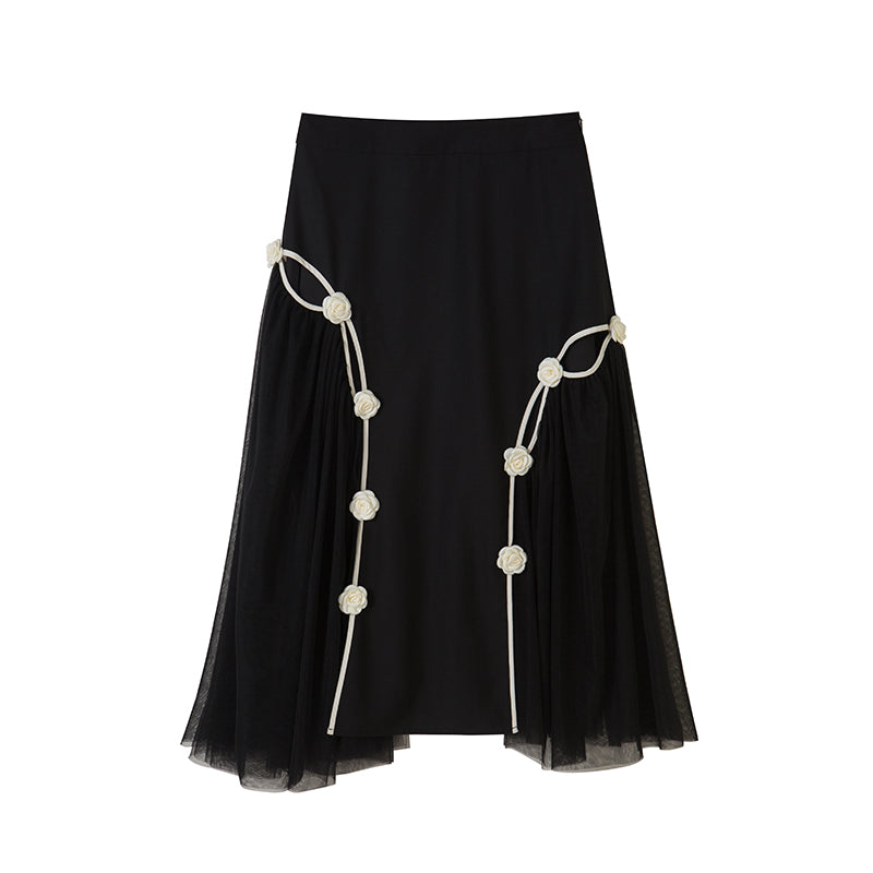 DIDDI MODA Black High Waist Floral Mesh Layered Midi Skirt