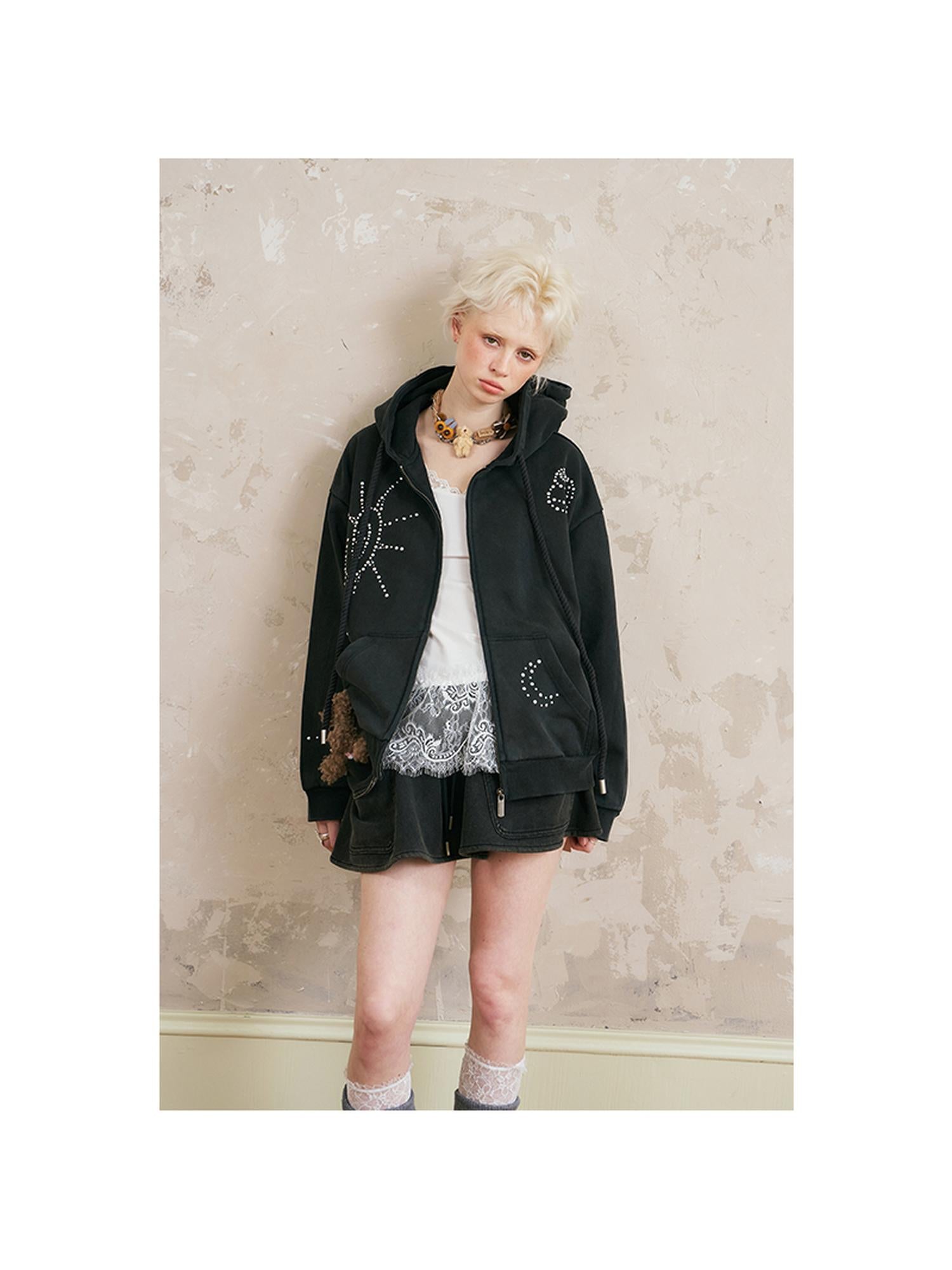 DIDDI MODA Vintage Studded Shell Hoodie With Fleece Lining