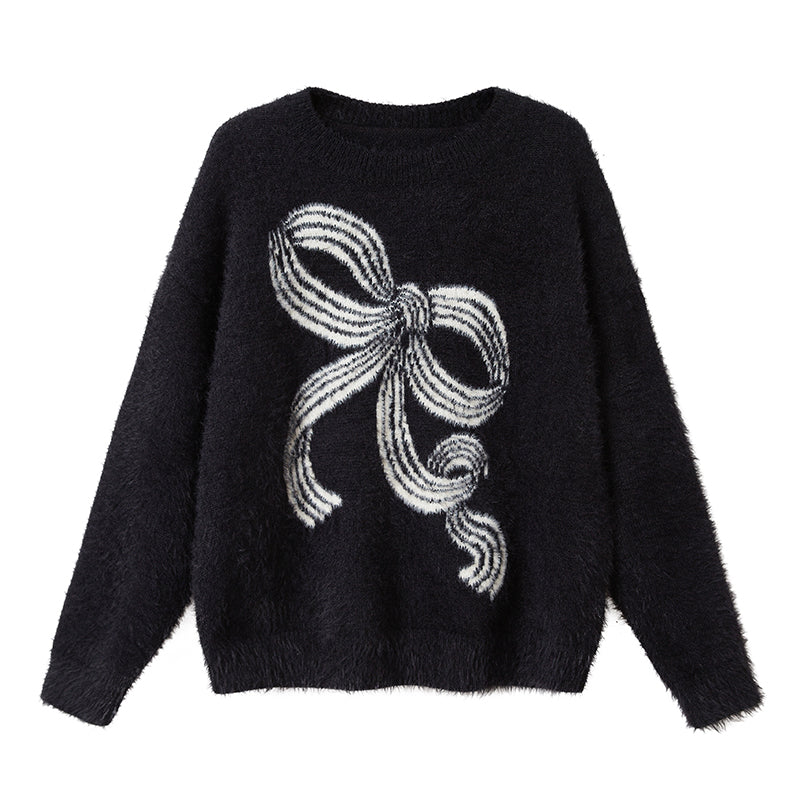 DIDDI MODA Striped Bow Knit Sweater Women Soft Loose Round Neck Mink Imitation Sweater