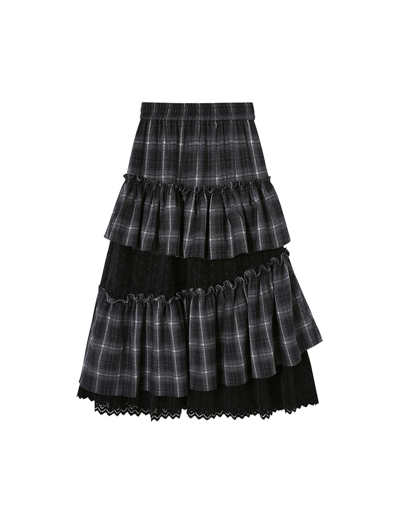DIDDI MODA Retro Plaid Lace Tiered Ruffle Skirt