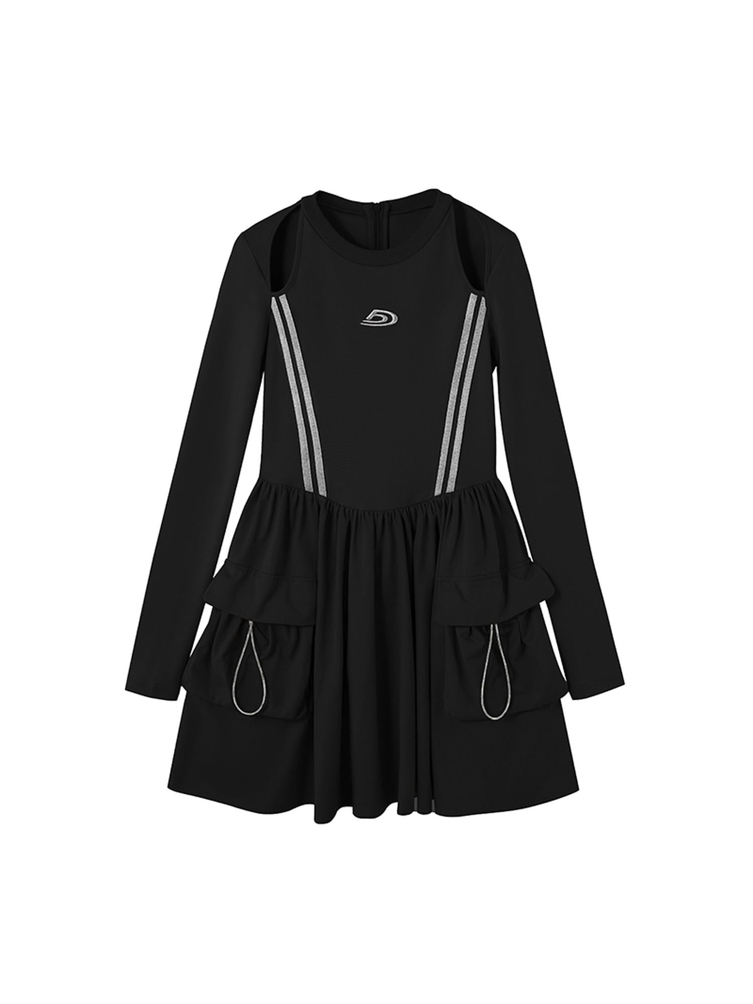 DIDDI MODA Retro Khaki A Line Embroidery Cutout Pocket Dress Sporty Chic