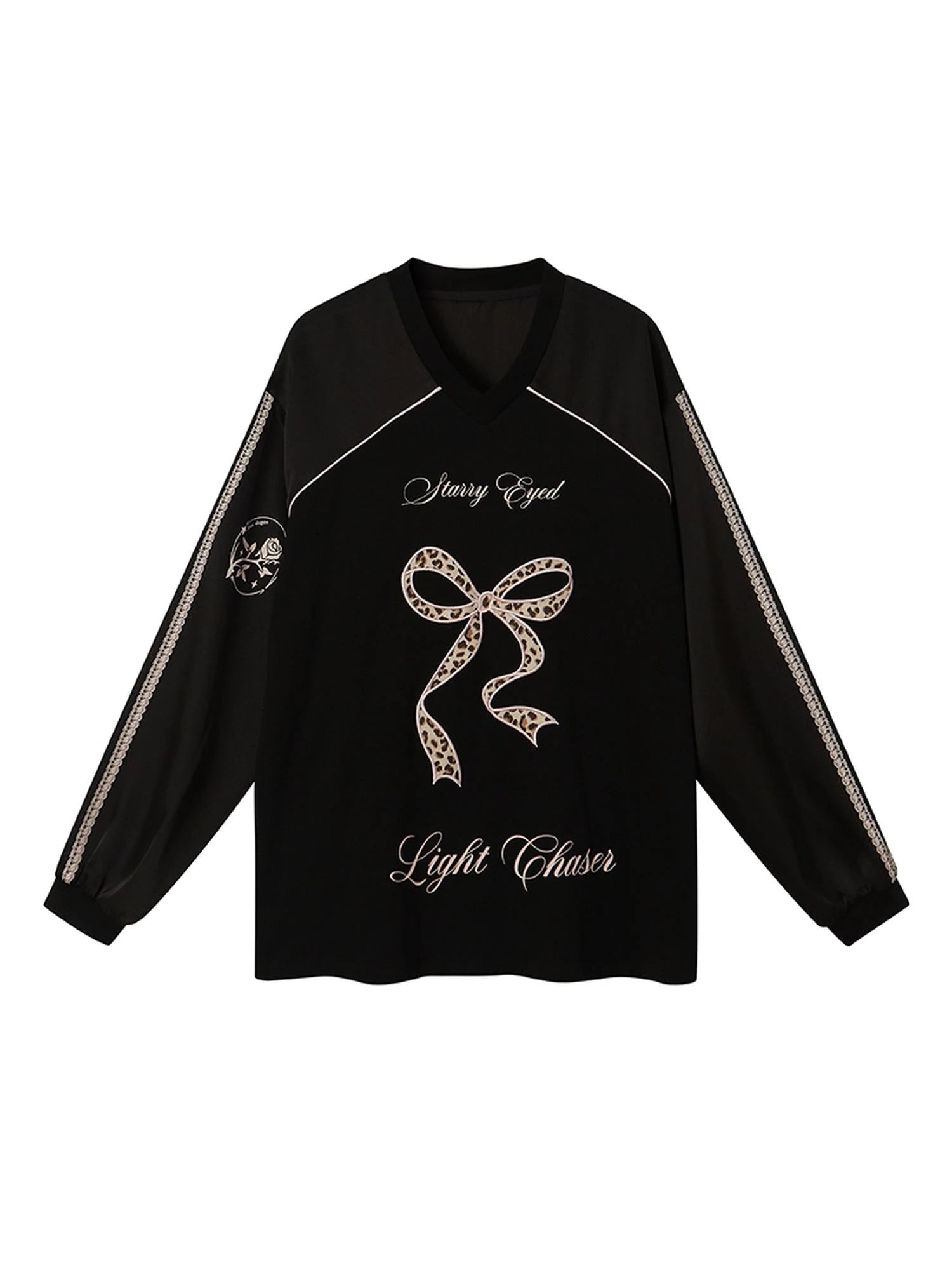 V Neck Bow Leopard Patchwork Lace Print Long Sleeve Jersey