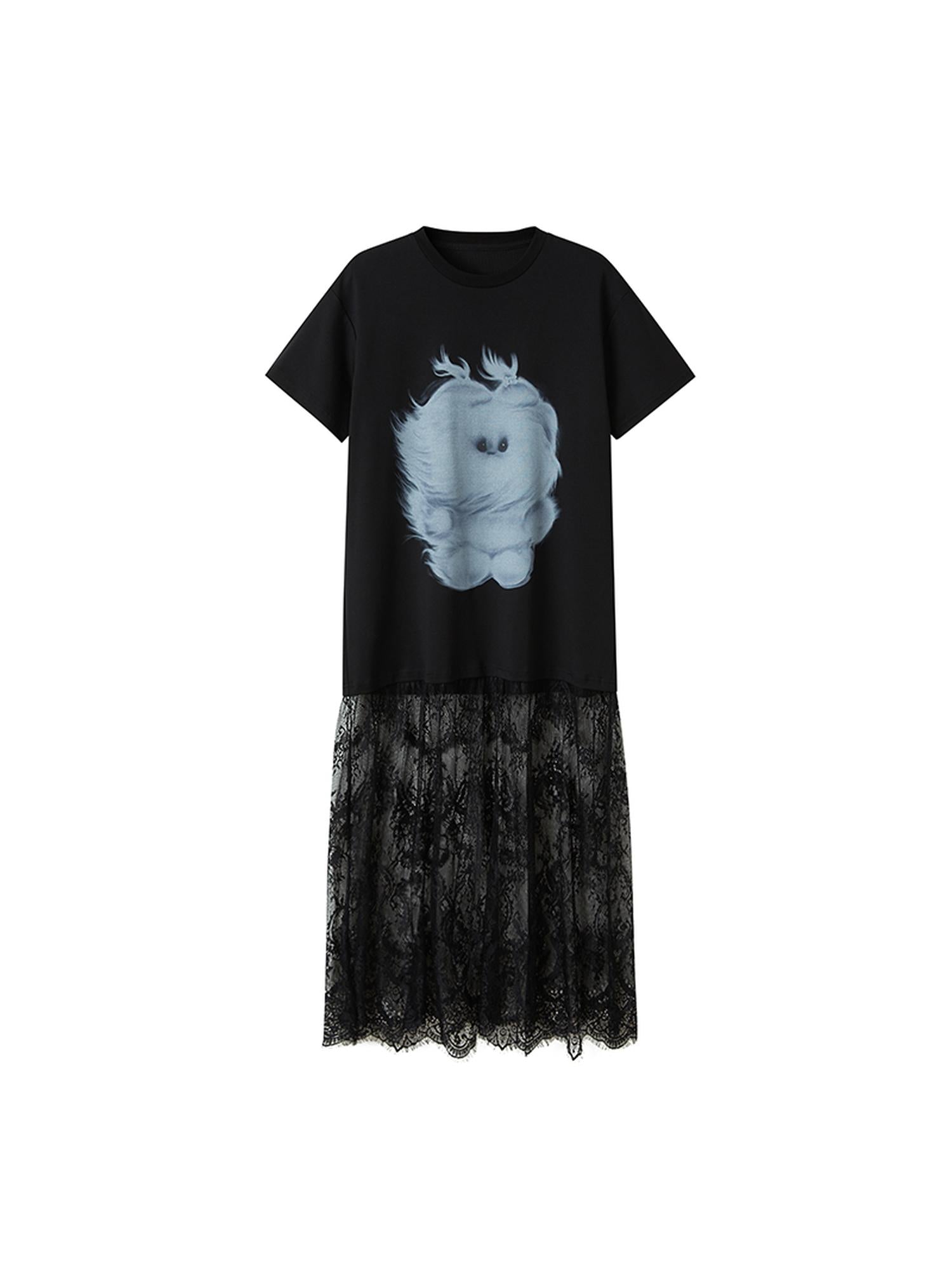 DIDDI MODA Monster Print Lace Trim Oversized Tee Dress