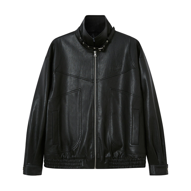 DIDDI MODA Deconstructed Bow Embroidered Oversized Pu Leather Jacket