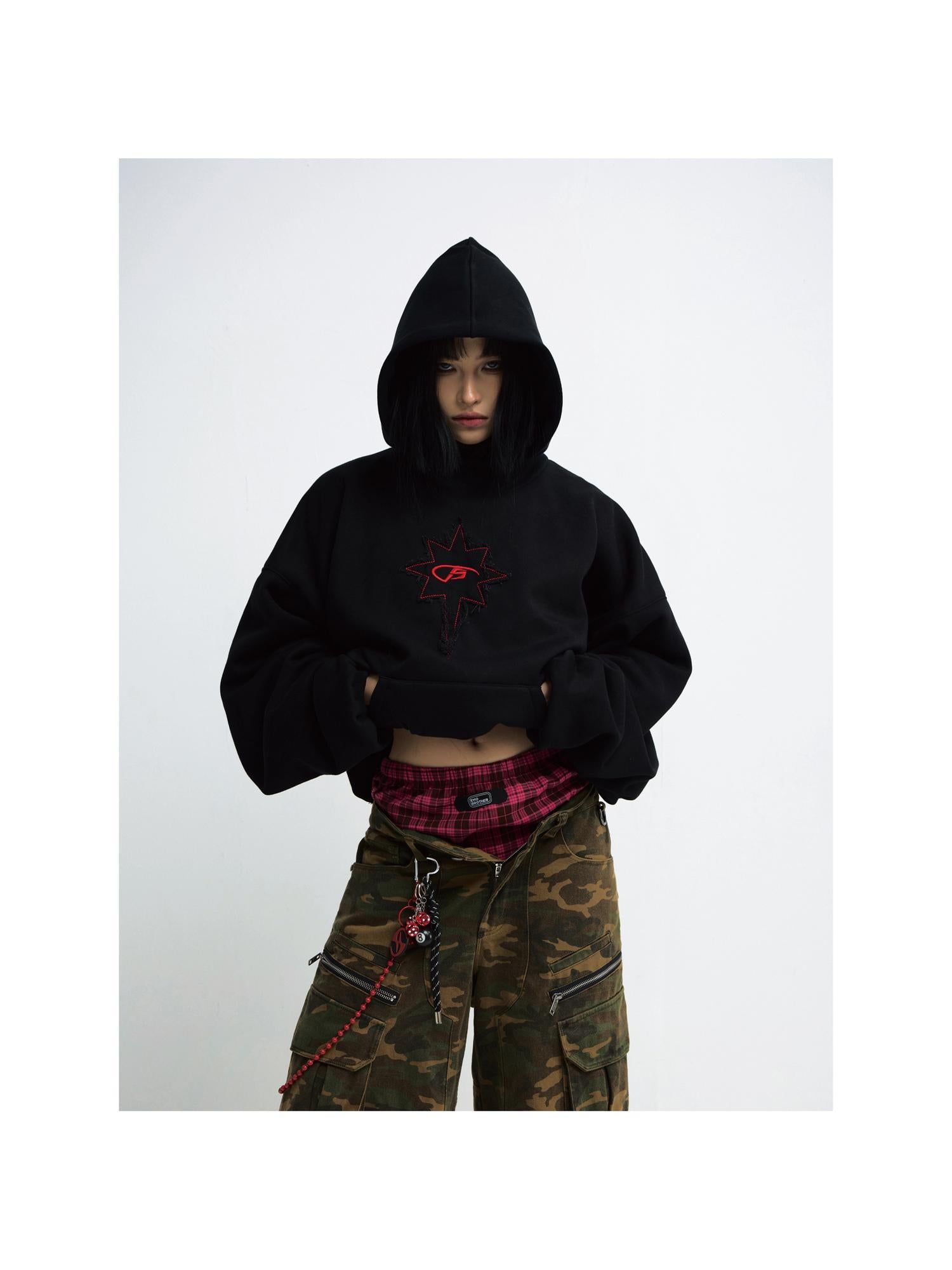 Peoplesense Unisex Black Embroidered Loose Hooded Sweatshirt Retro Style