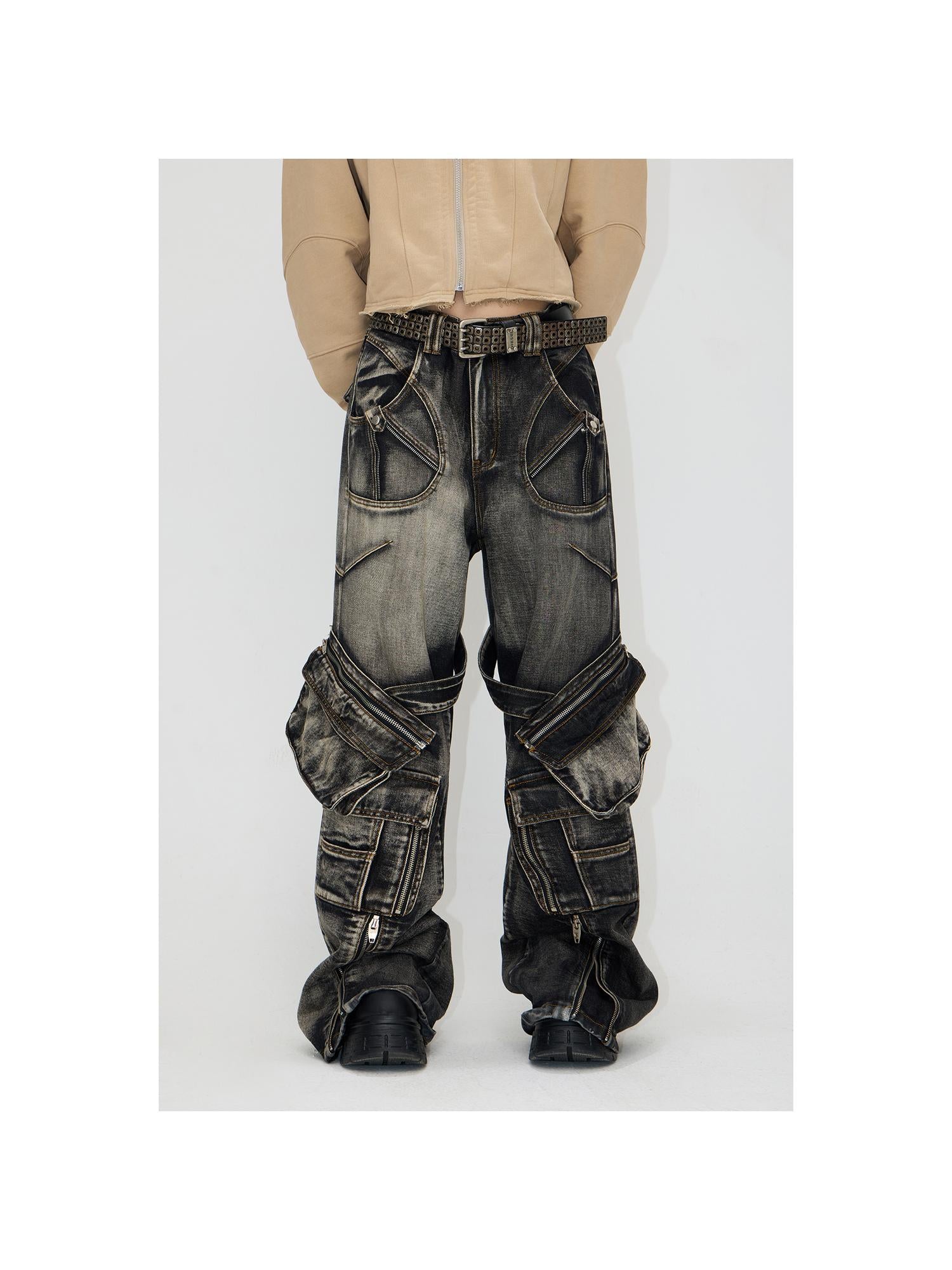 Peoplesense Spiked Straight Leg Black Grey Zip Detachable Pocket Jeans