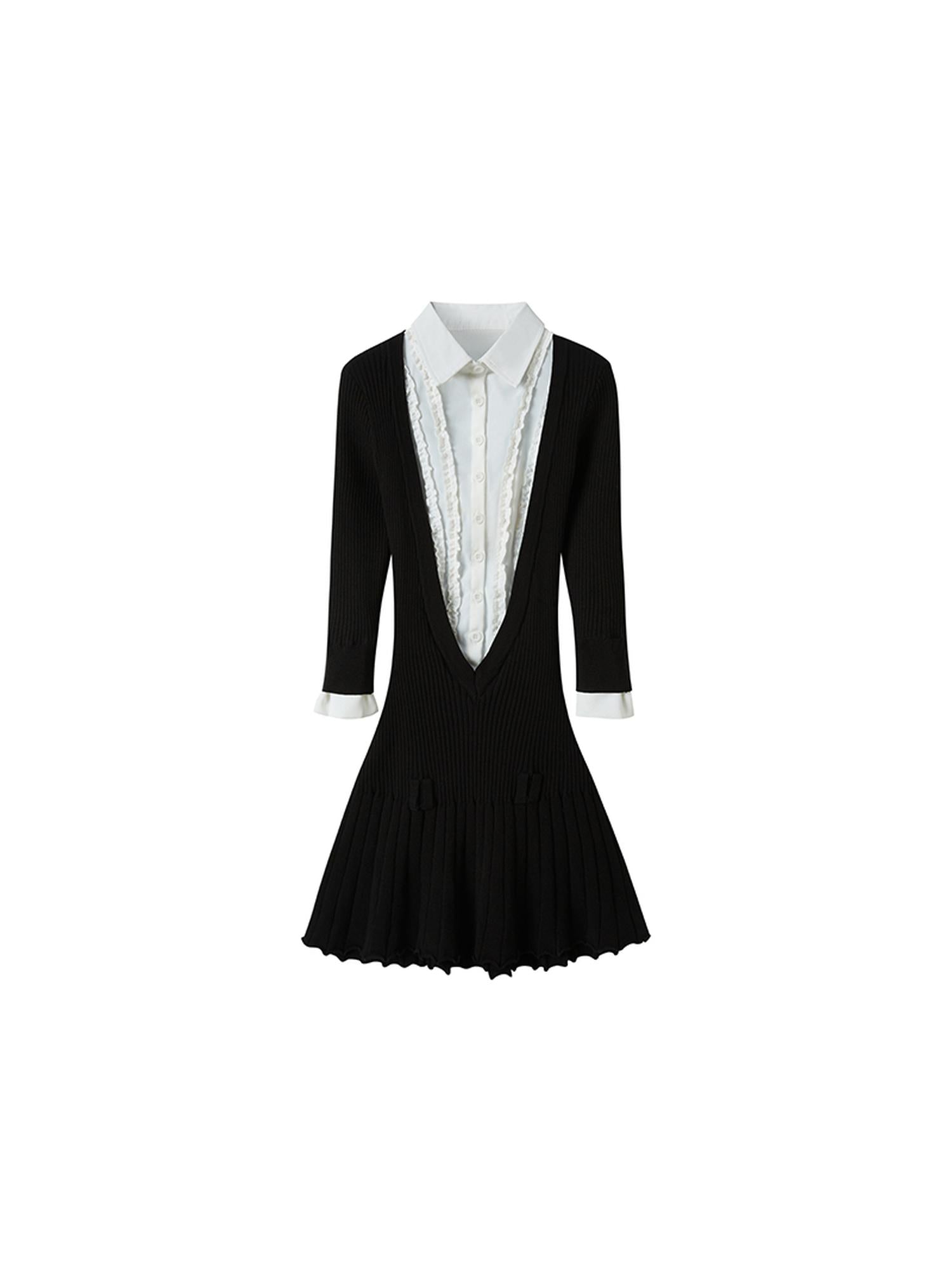 SweetChilling Fall V-Neck Shirt Collar Pleated Dress