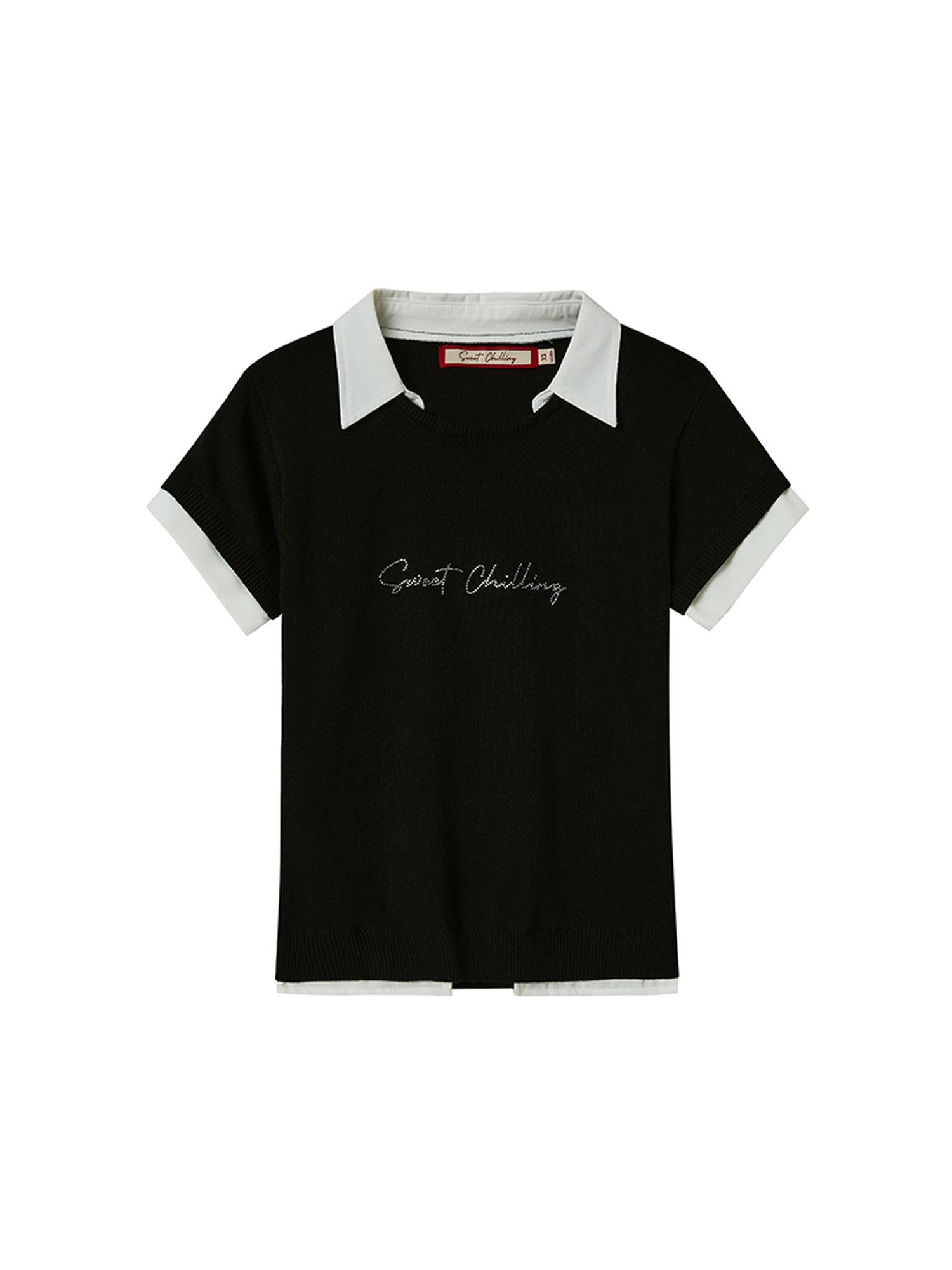 SweetChilling Cool Knit Fake Two-Layer Shirt With Ice Silk & Rhinestone T-Shirt