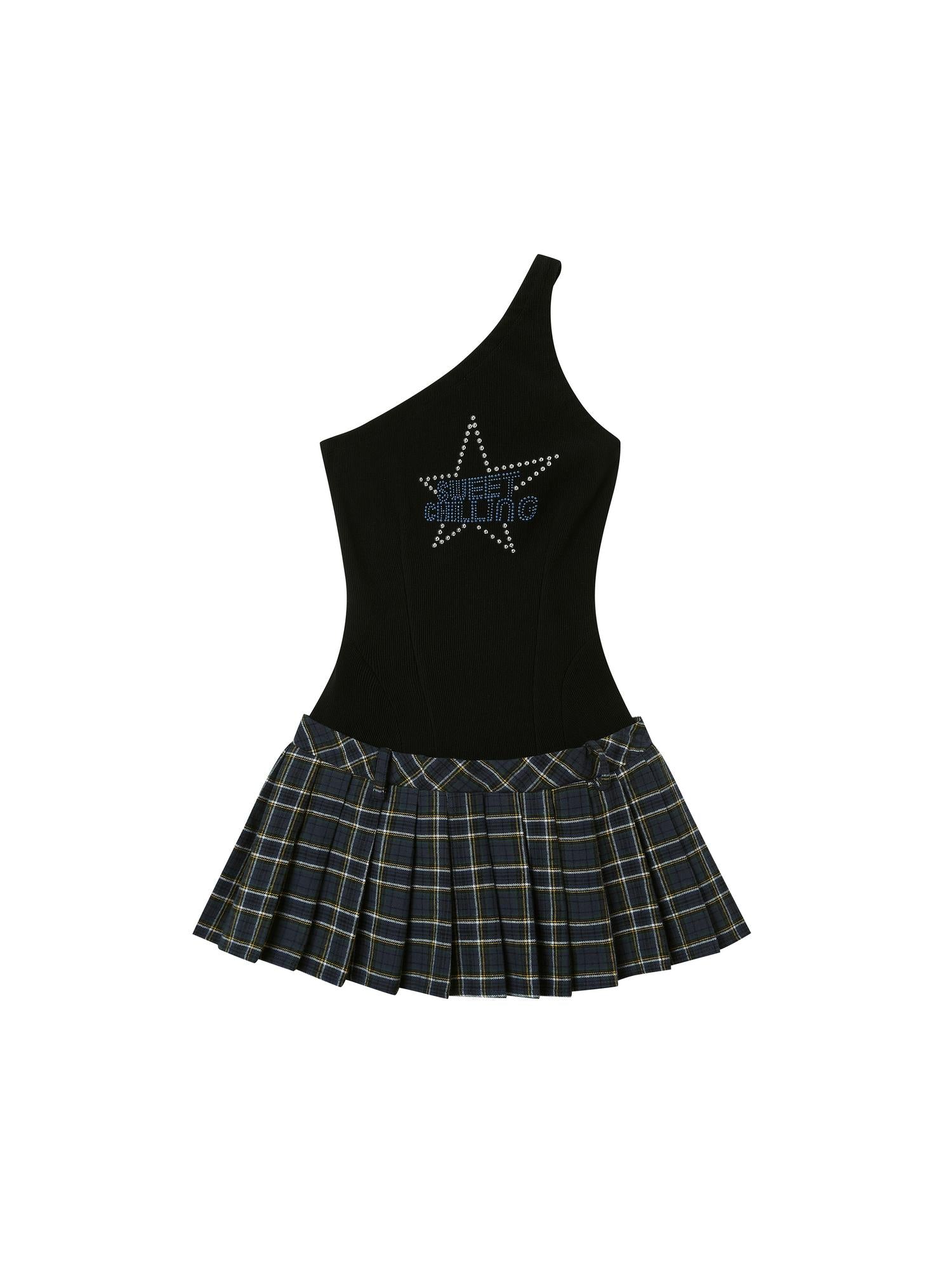 SweetChilling Asym Star Rhinestone Plaid Pleated Dress