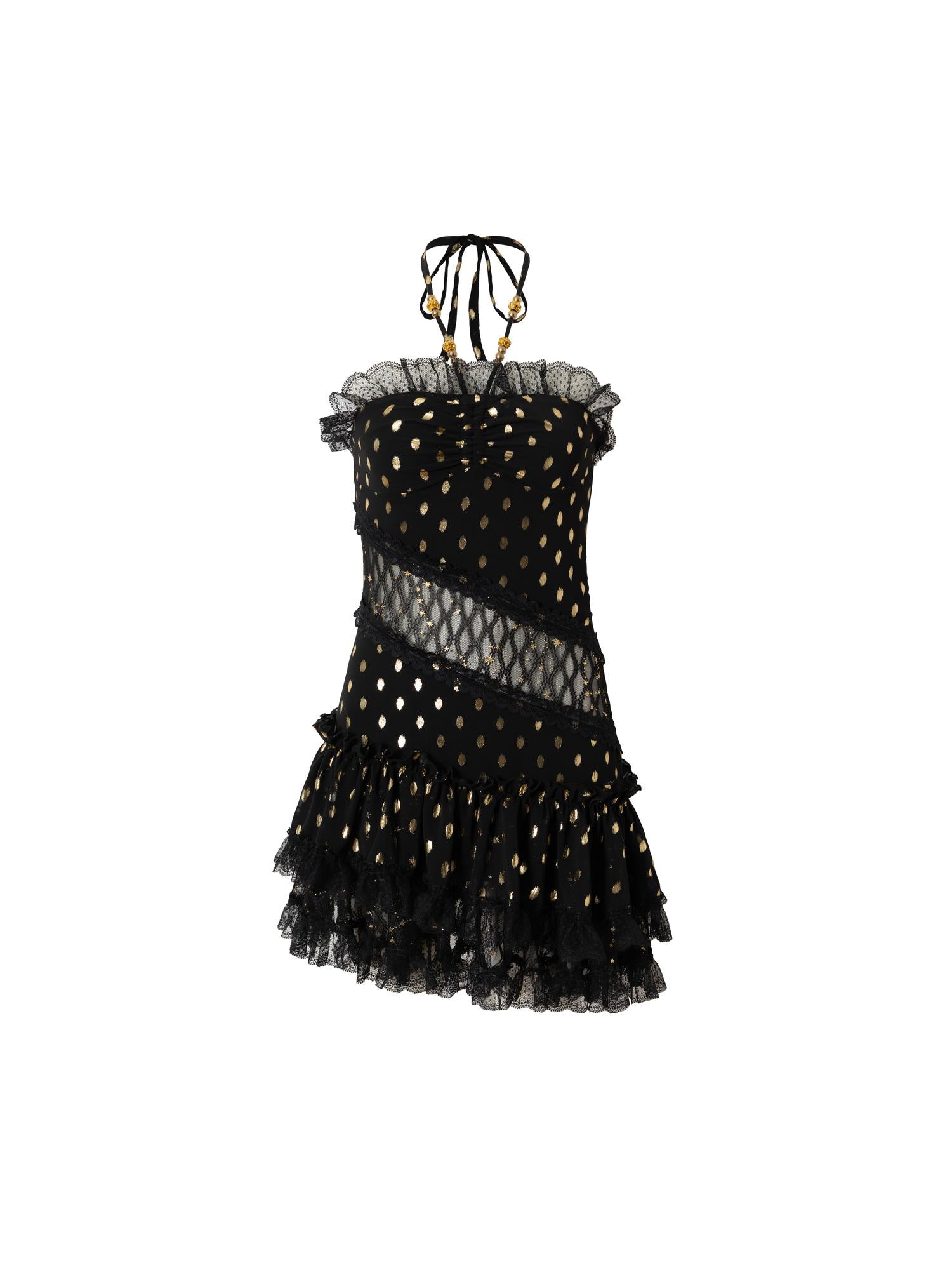 NO ROMANCE Vintage Dot Gold Lace Halter Bustier Dress