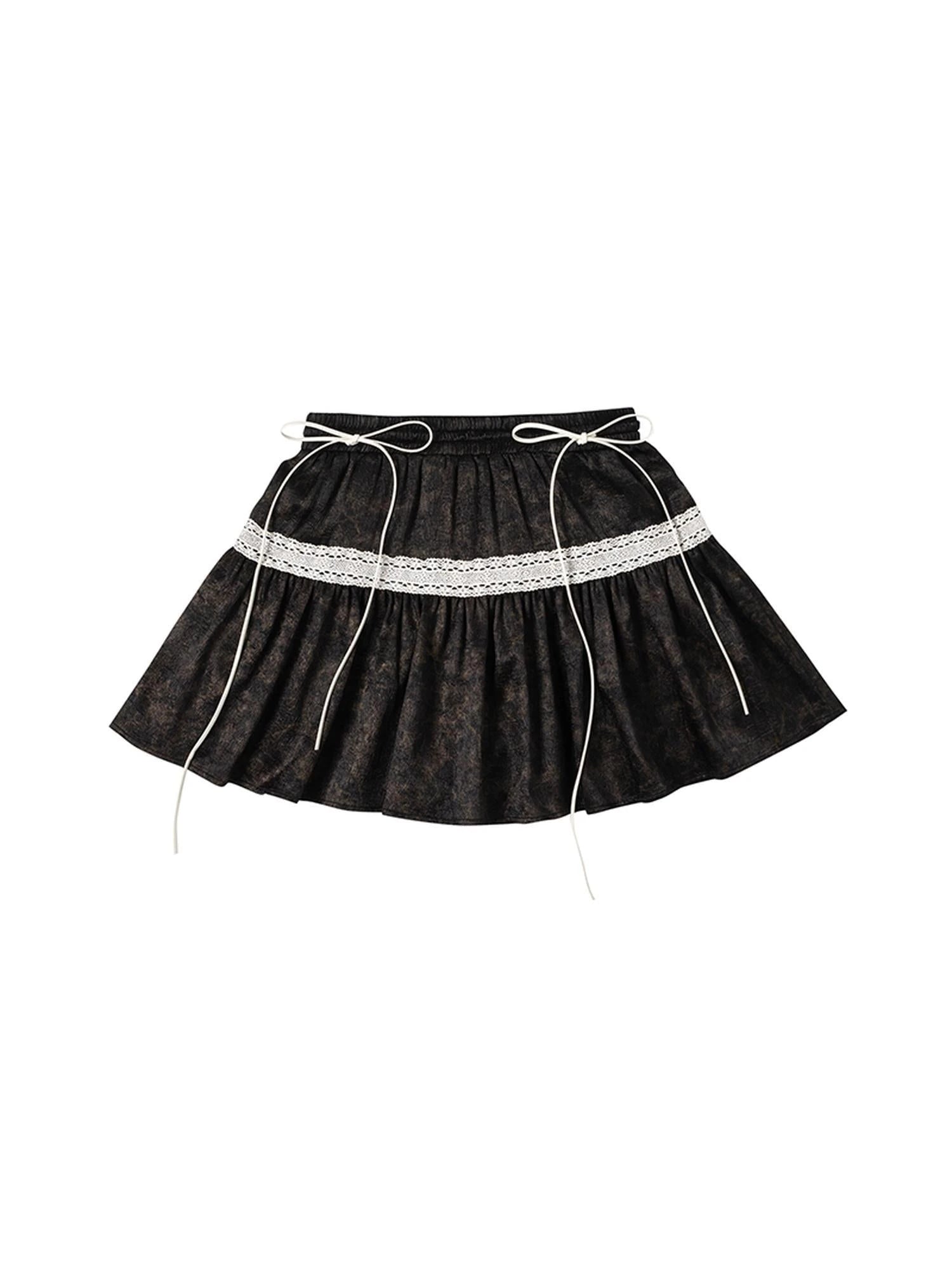 Vintage Linen Cotton Burnout A Line Skirt With Lace Trim Drawstring Waist