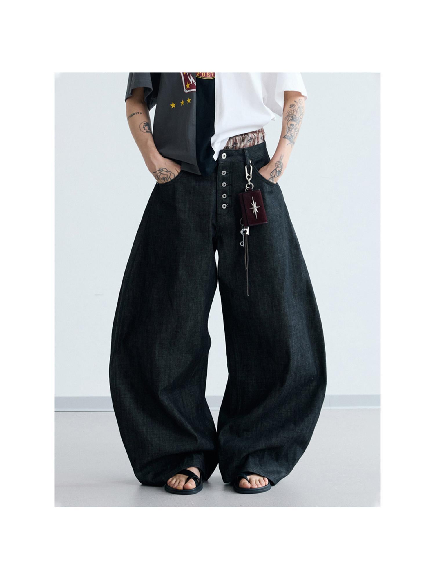 Peoplesense Unisex Black Wide Leg Scimitar Jeans Loose Fit Casual Pants