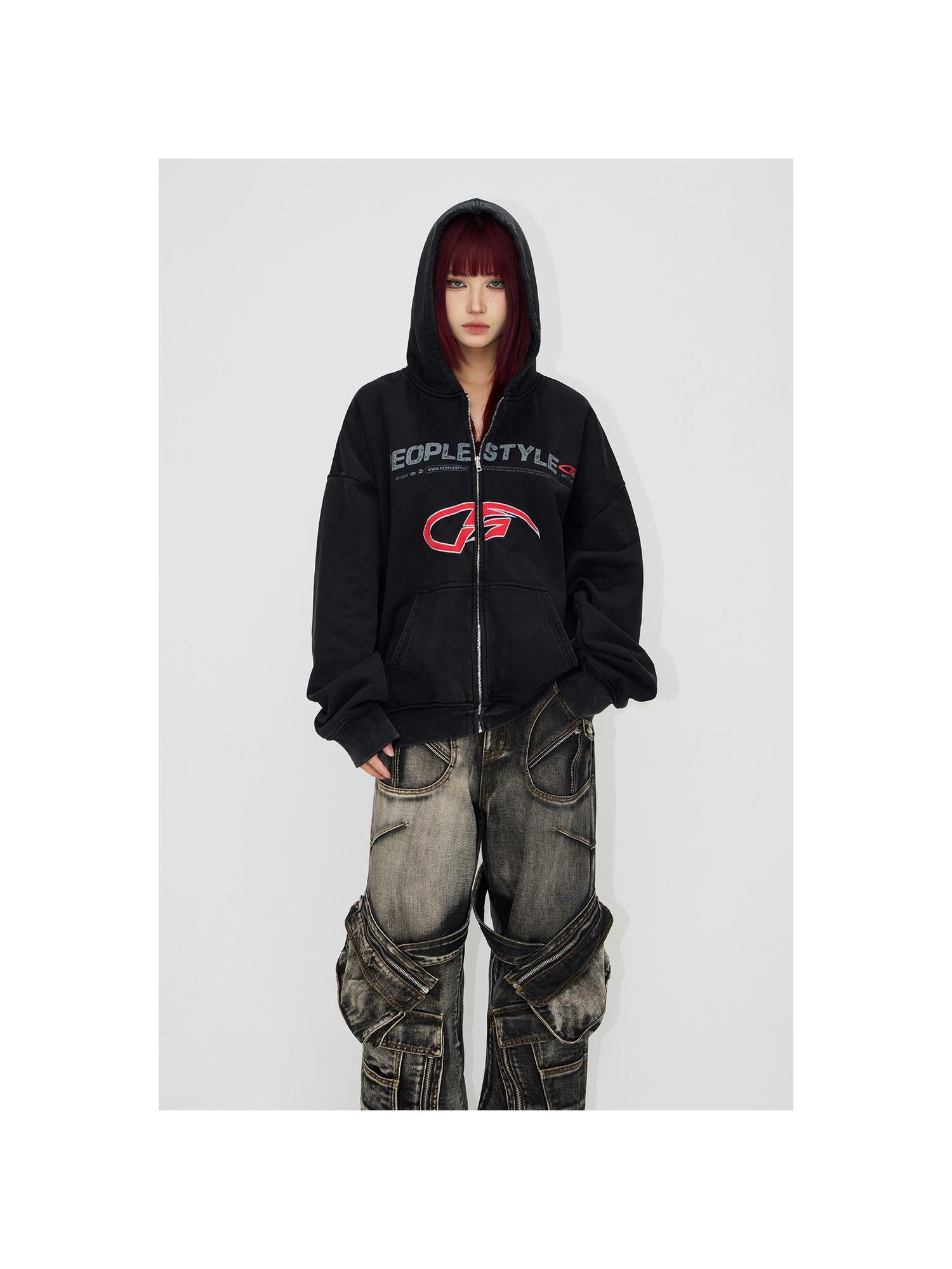 Peoplesense Vintage Embroidered 480g Washed Zip Hoodie Unisex