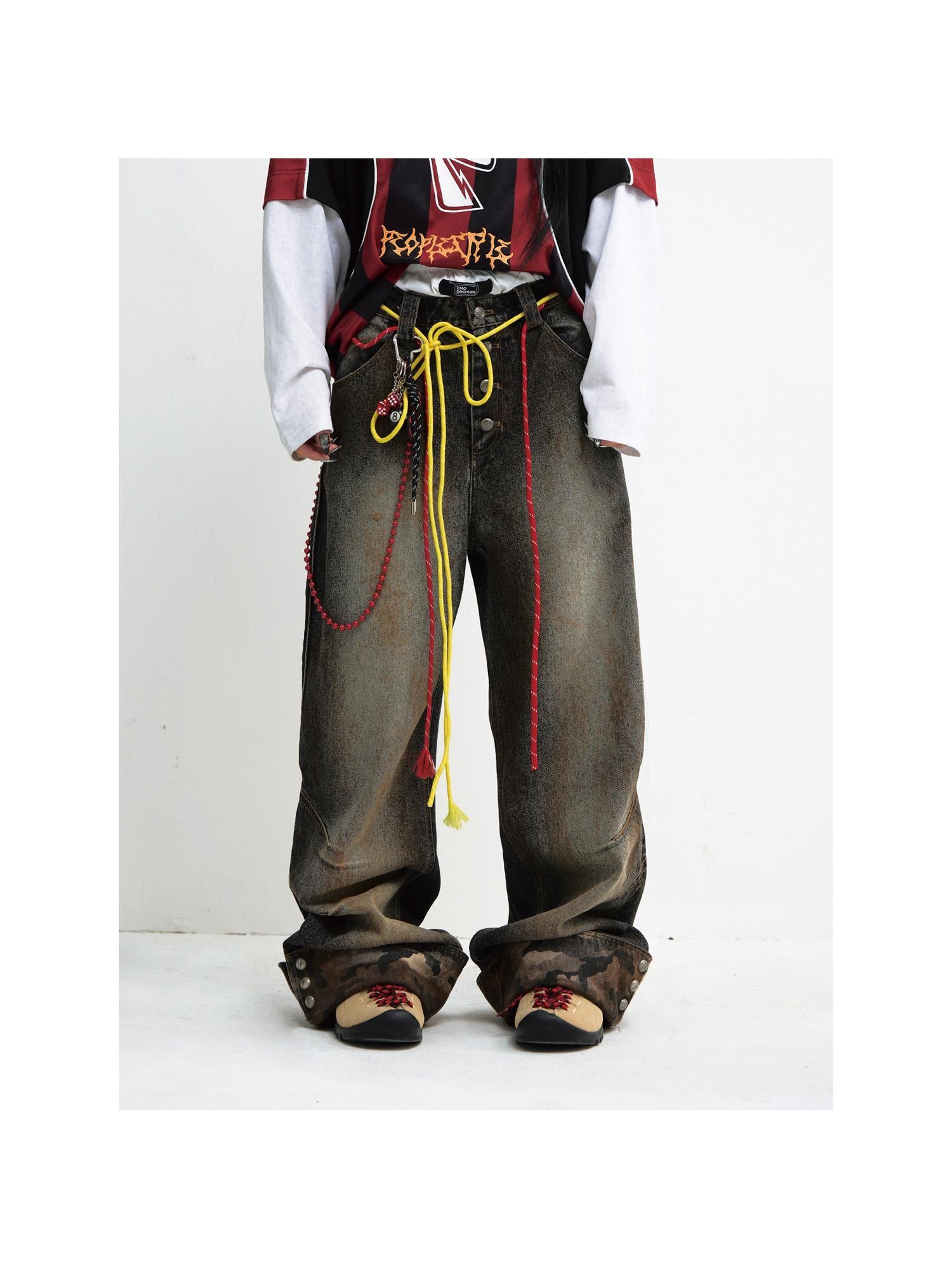 Peoplesense Vintage Mud Dyed Camo Denim Pants With Relaxed Fit And Embroidery