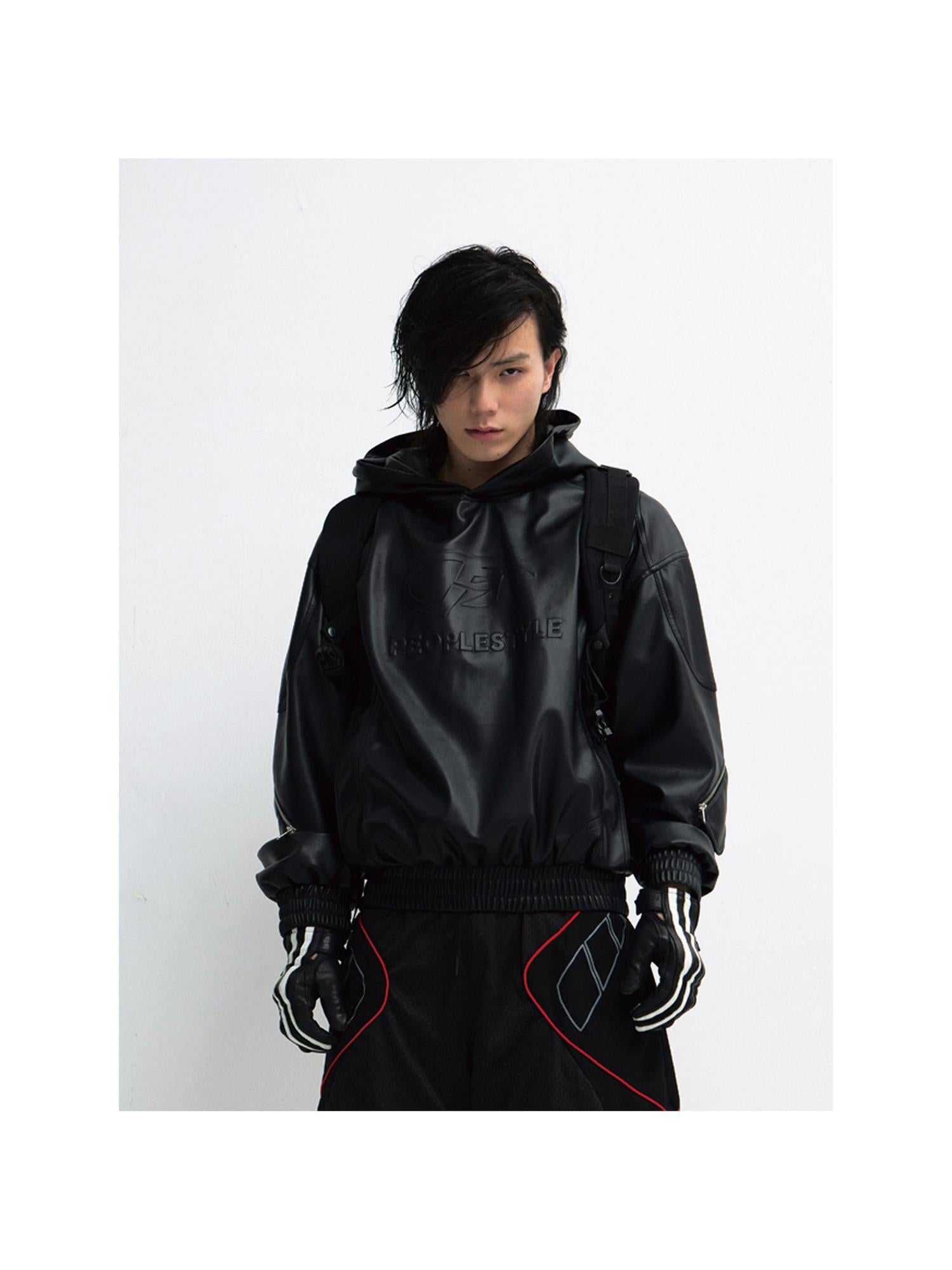 Peoplesense 3D Embossed PU Leather Hooded Unisex Jacket
