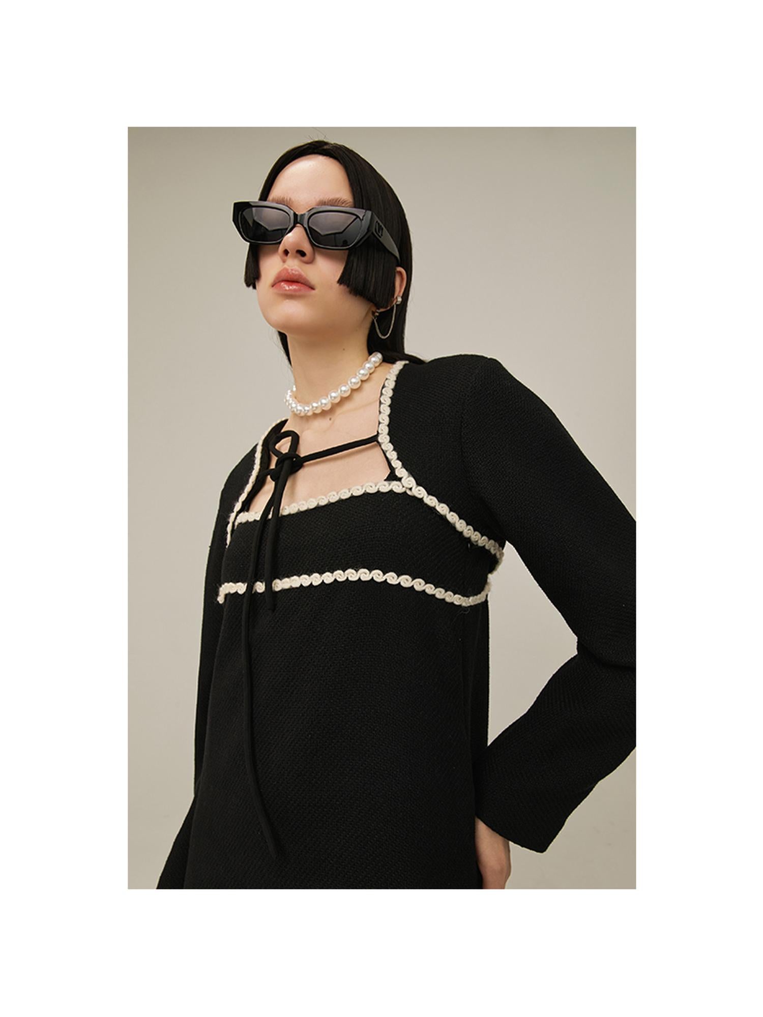 DIDDI MODA Vintage Chanel Style Black Crochet Mini Dress Set With Fringe