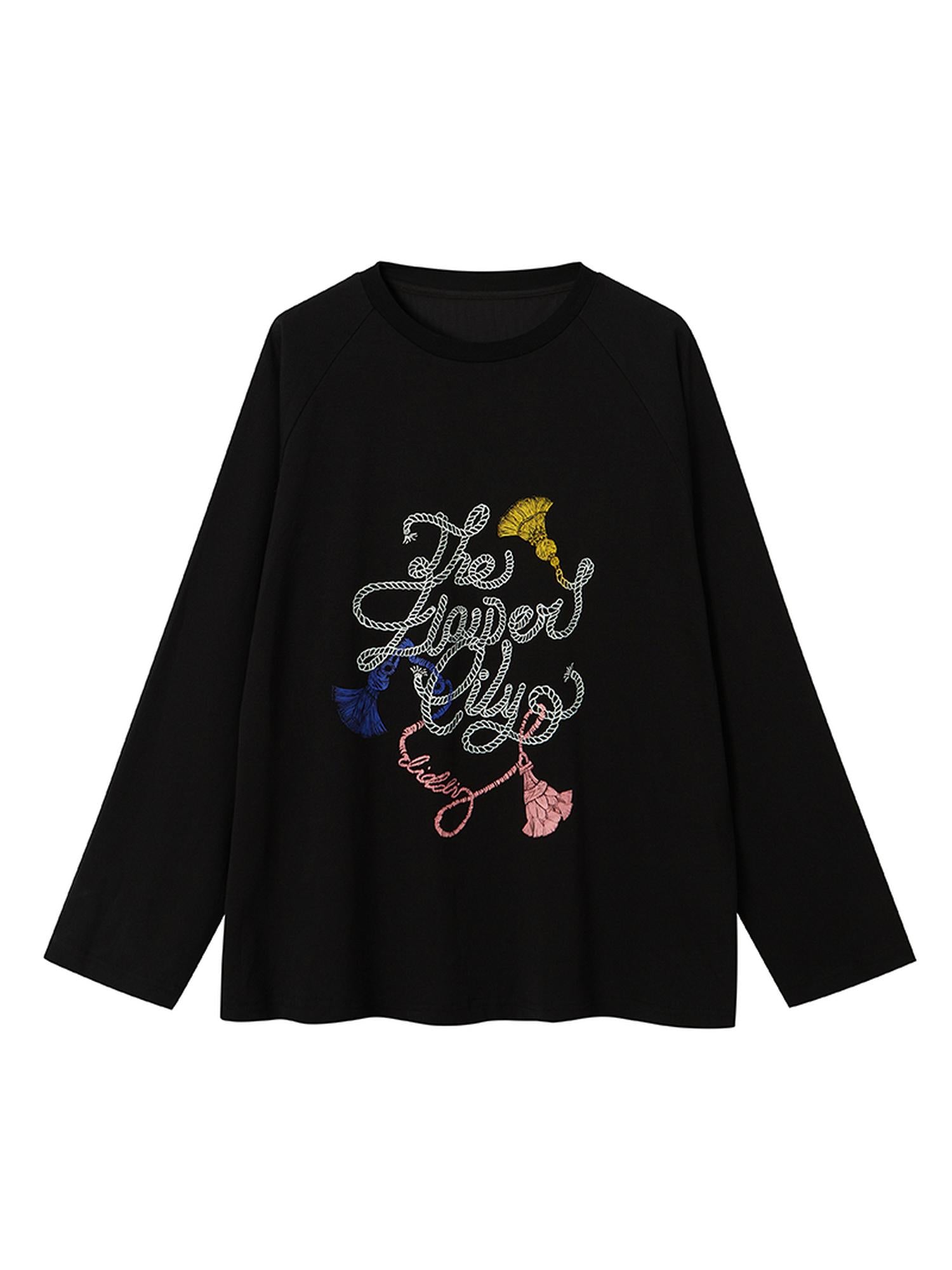 DIDDI MODA Fun Rope Colorful Wheat Print Oversized Knit Tee Bow Silk Blouse