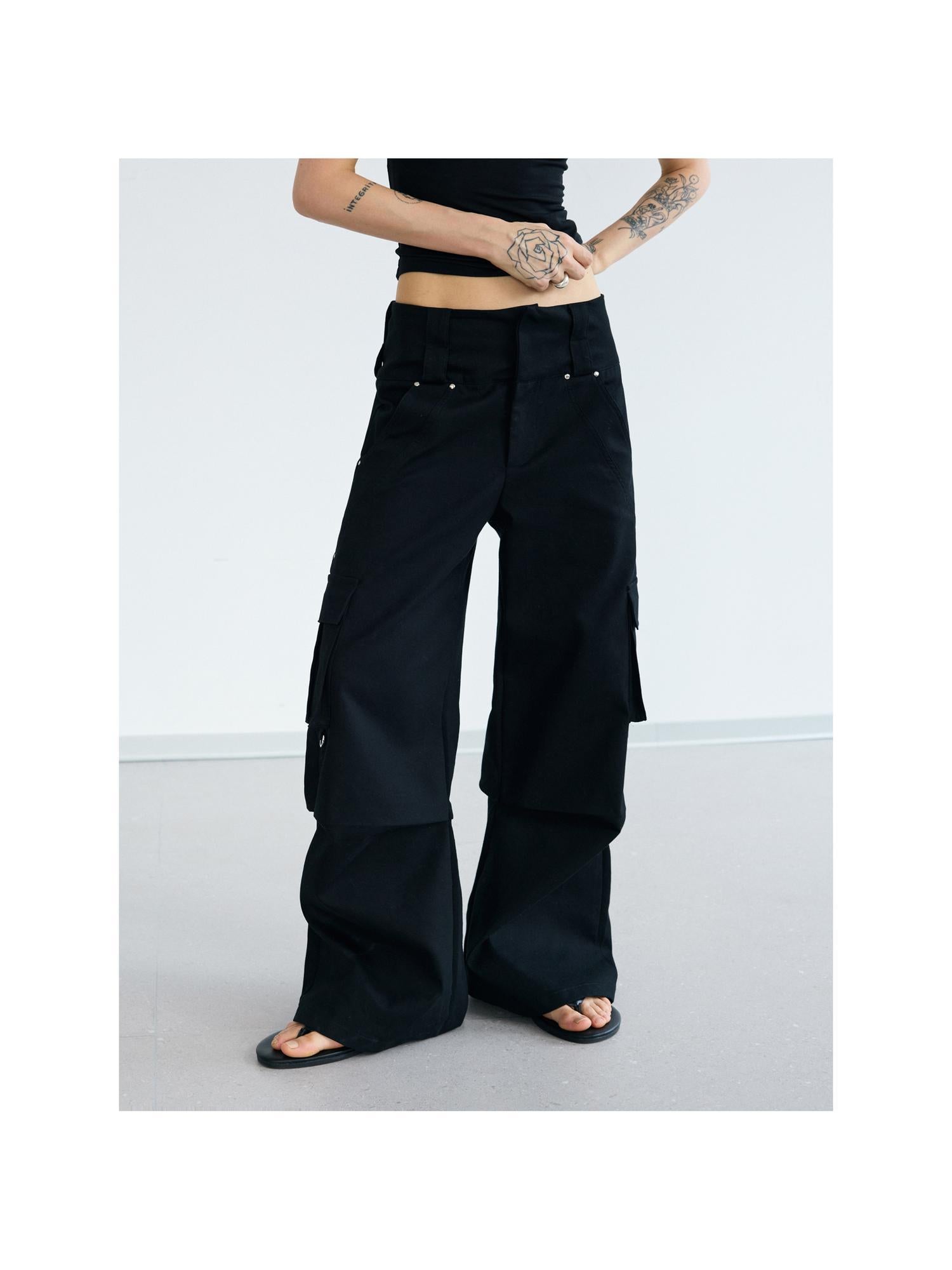 Peoplesense Double Waist Cargo Pants Black White Unisex Vintage Fit