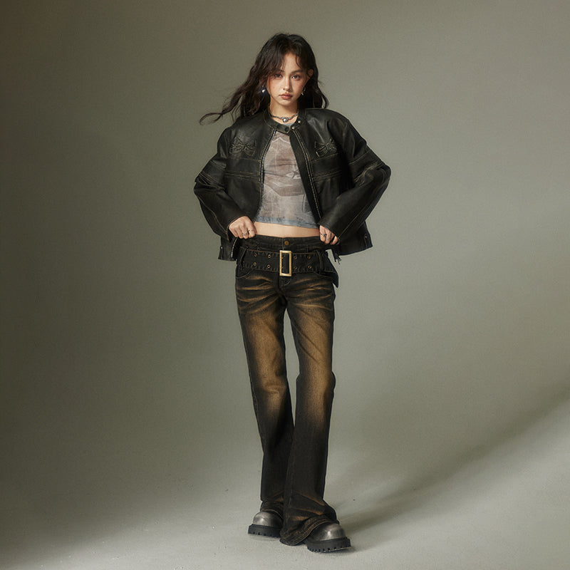 DIDDI MODA Washed Gradient Flared Jeans With Wide Belt