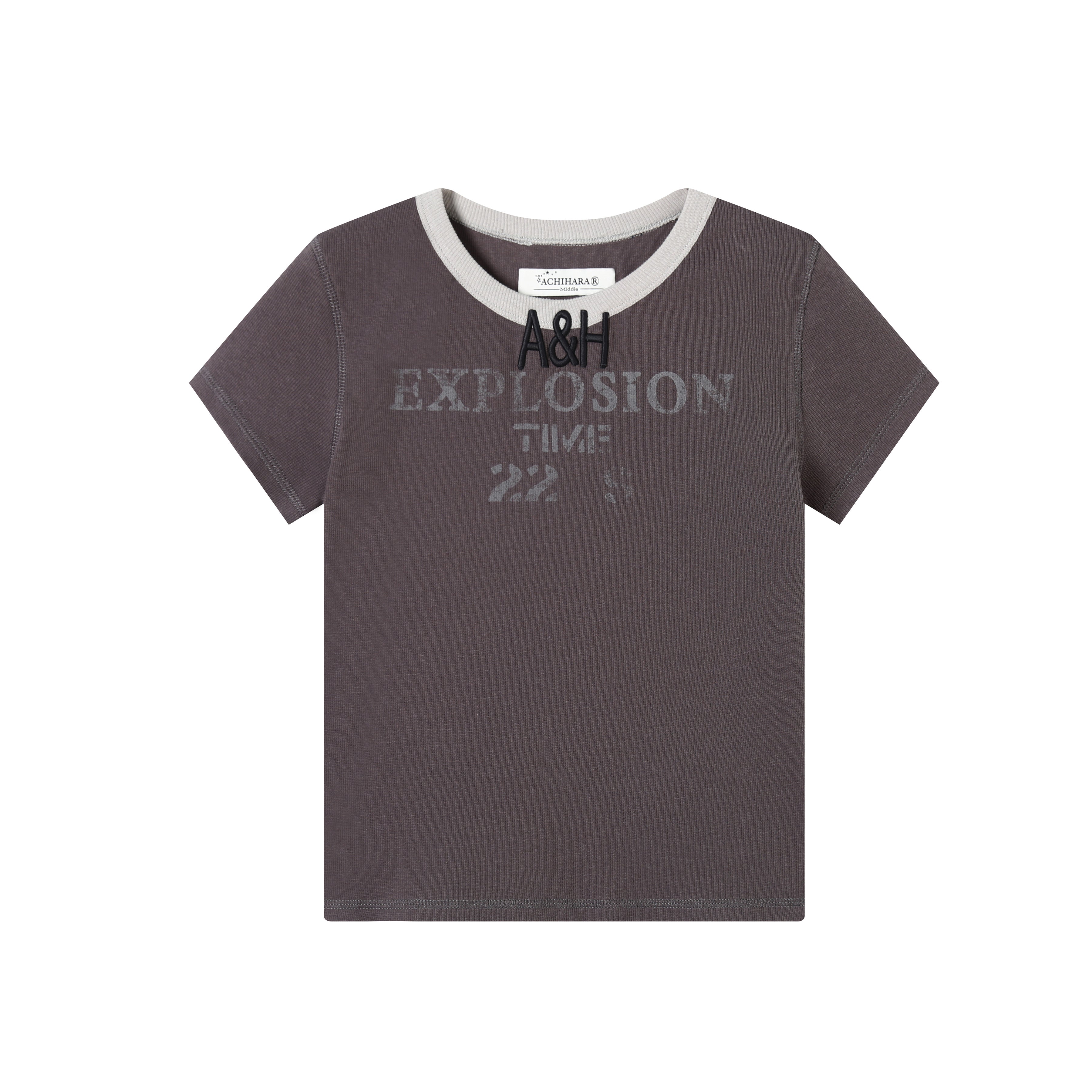 Achihara 2025 Summer Color Block Ribbed Letter T-Shirt For Women