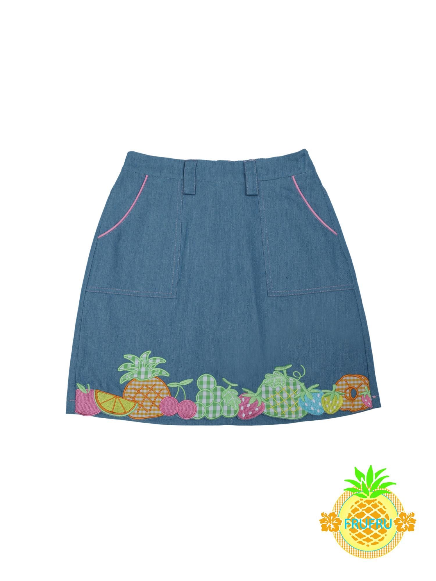 Frufru Gulu Hawaiian Dream Fruit Embroidery Denim Skirt Blue
