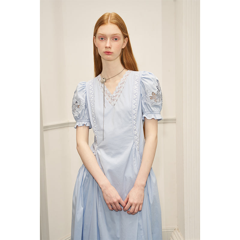 Vintage French Puff Sleeve Lace Trim Embroidered Maxi Dress