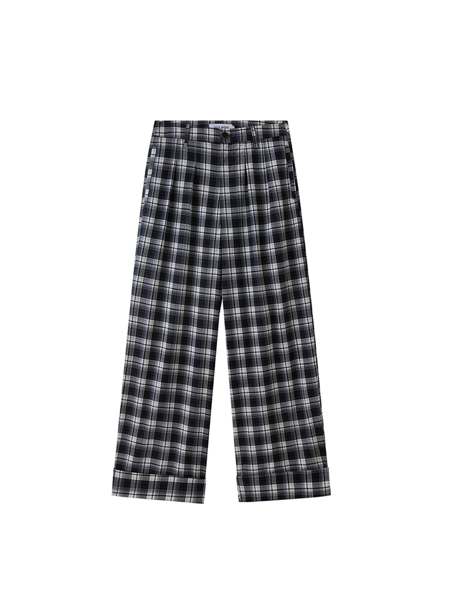 DIDDI MODA Relaxed Fold Hem Checkered Pants