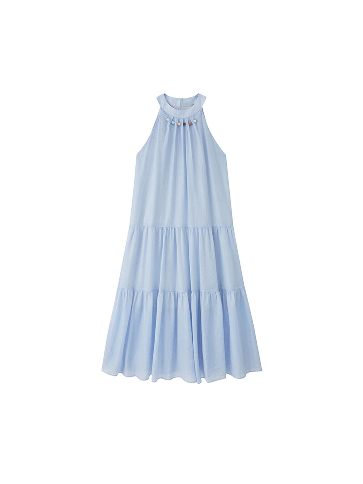 DIDDI MODA Elegant Bow Beaded Halter Dress With Layered Flowy Ribbon