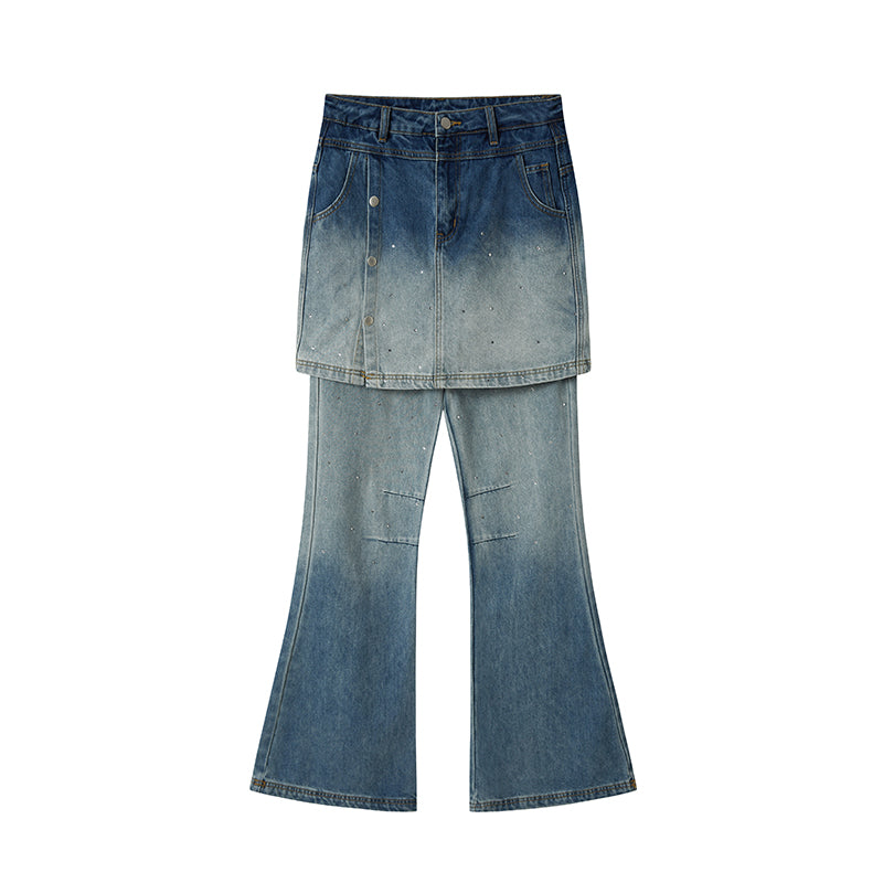 DIDDI MODA Modern Fake Two Piece Button Front Washed Flared Culottes