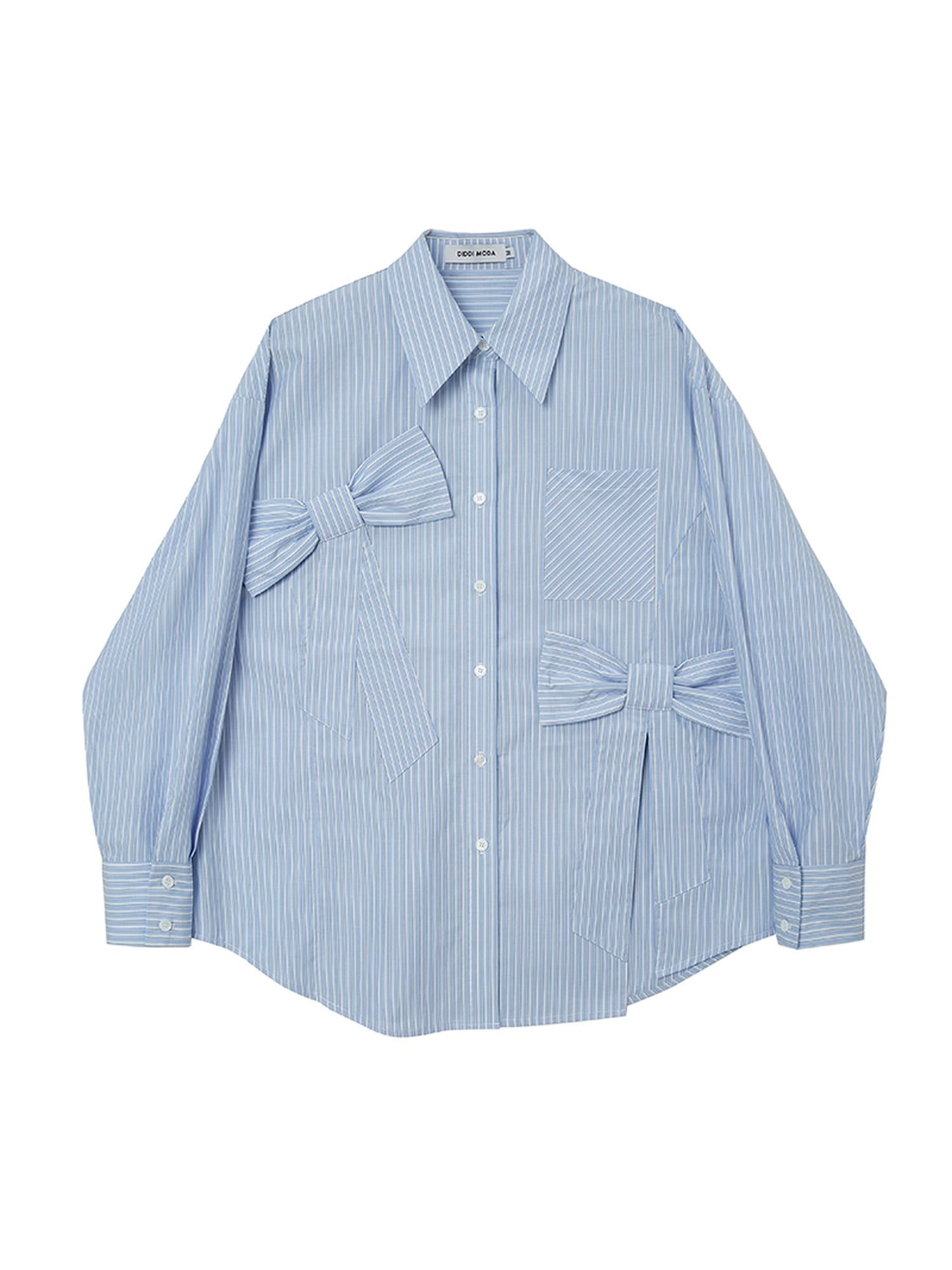 DIDDI MODA Asymmetrical Bow Split Blue Stripe Shirt