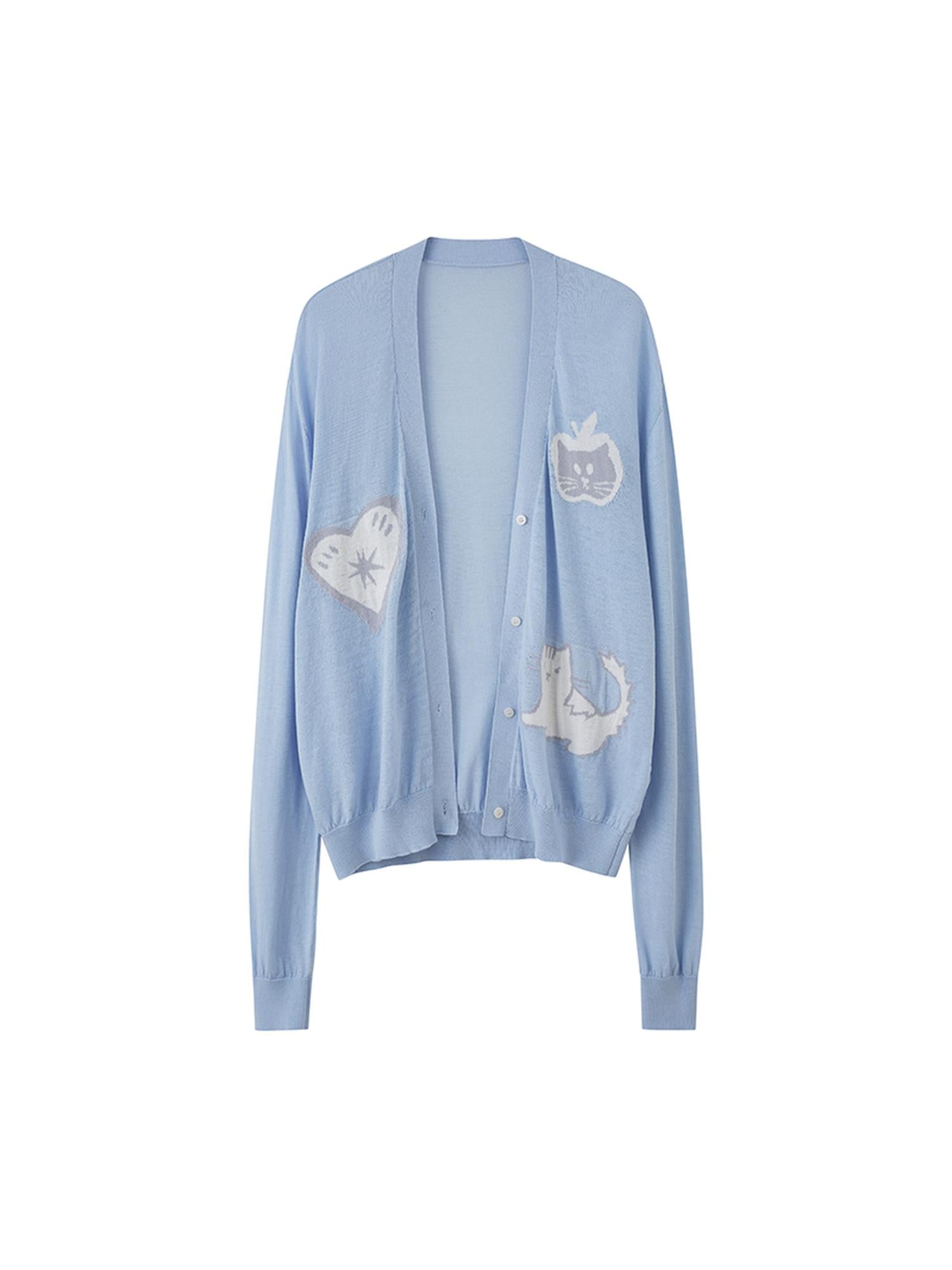 DIDDI MODA Apple Cat Print Lightweight Knit Cardigan