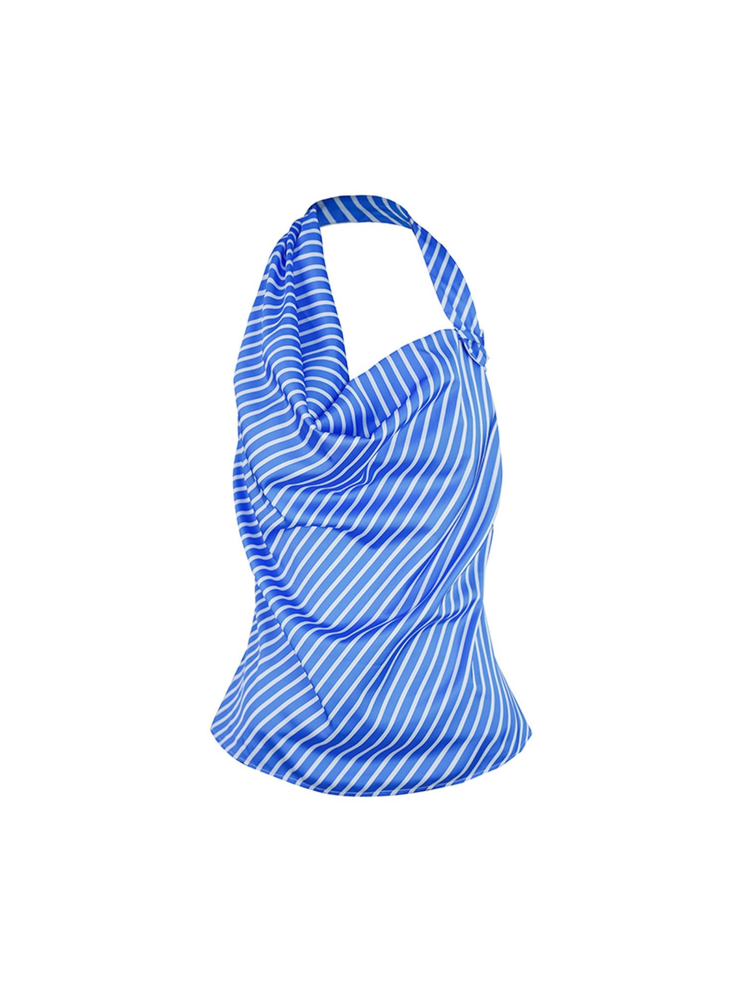 STRIKE A POSE Asym Stripe Sleeveless Draped Tie Neck Top