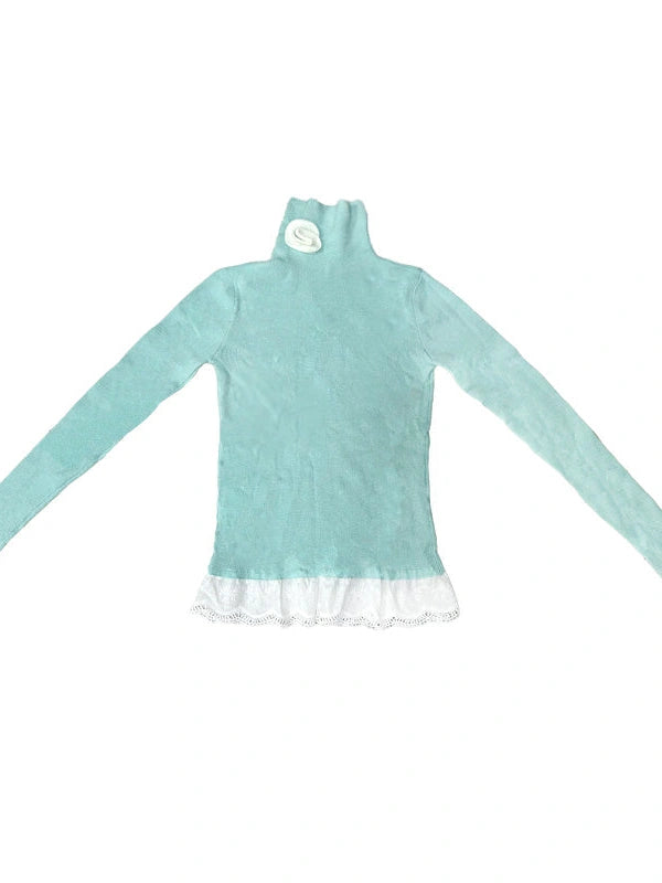 Soft Warm Lace Trim Semi-Turtle Neck Knit Top