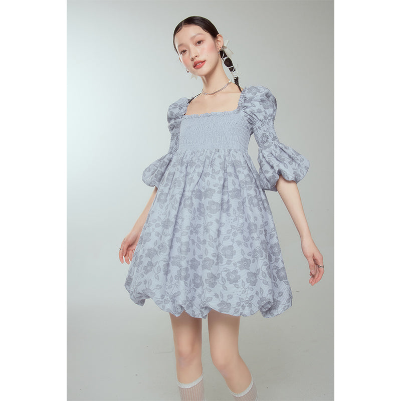 DIDDI MODA Blue Floral Jacquard Bubble Dress With Puff Sleeves