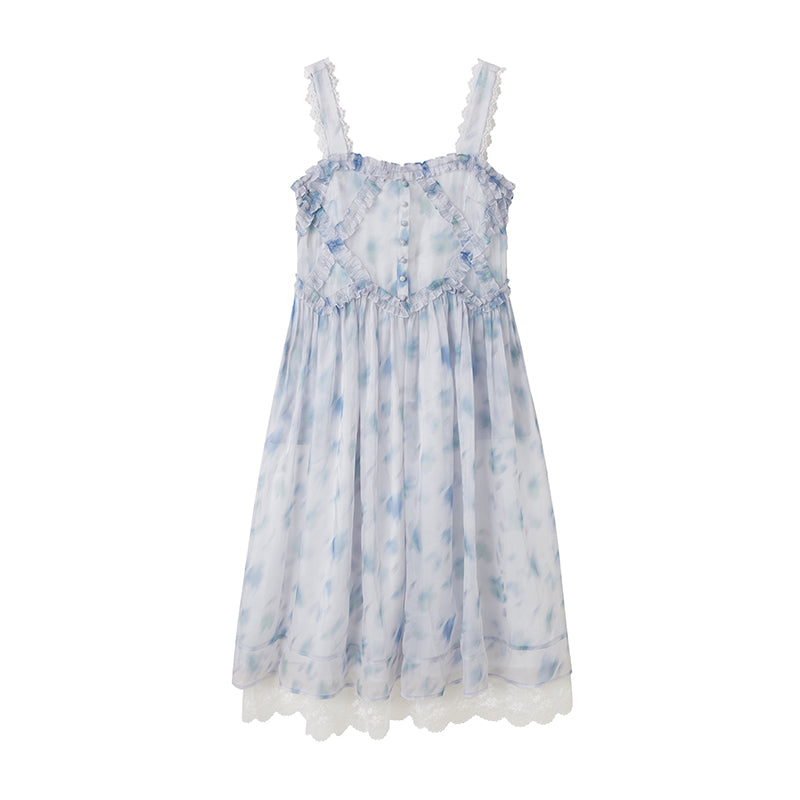DIDDI MODA Watercolor Print Blue Strapless Sundress