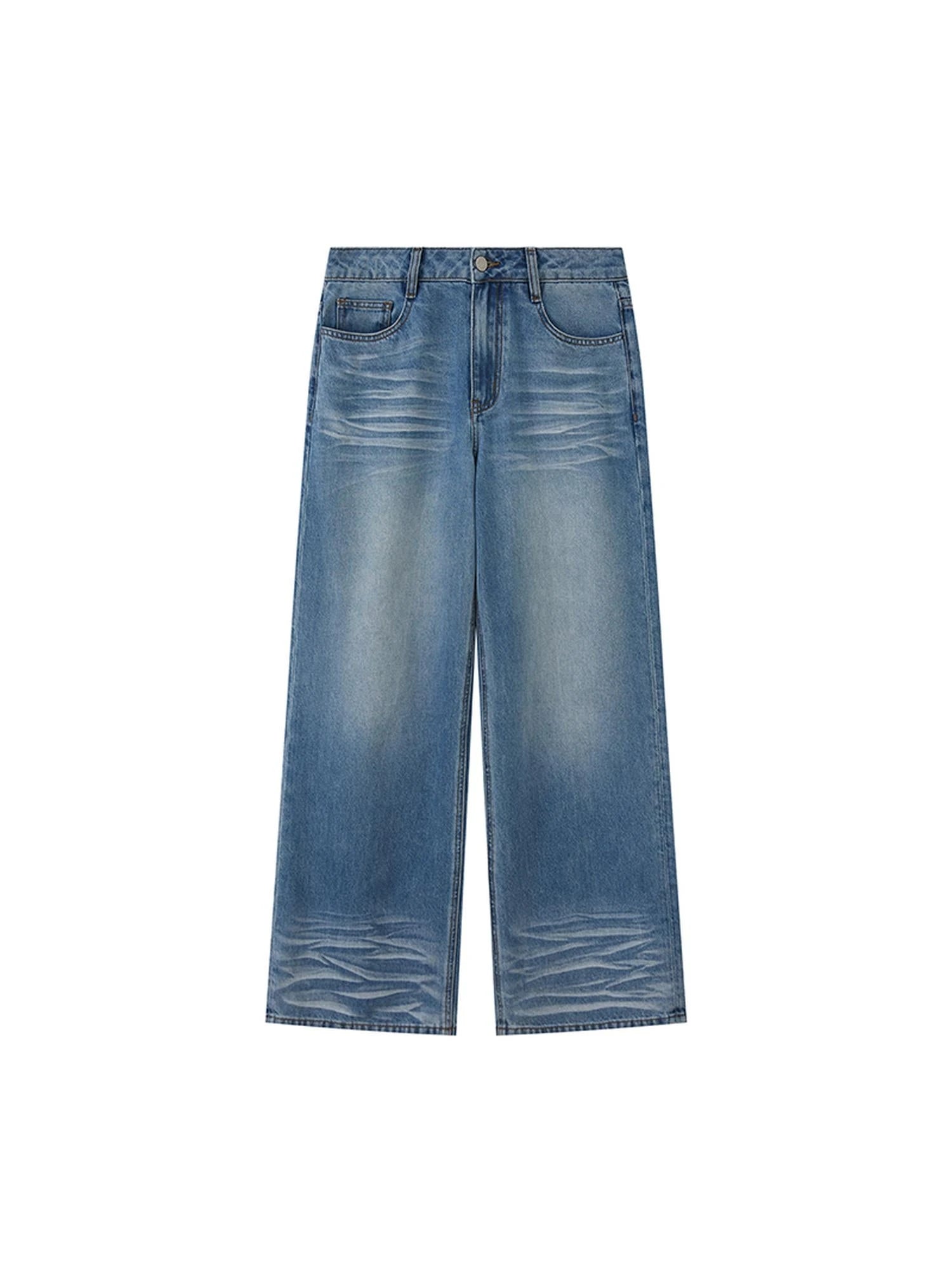 Vintage Washed Straight Jeans With 3 D Whisker Embroidery