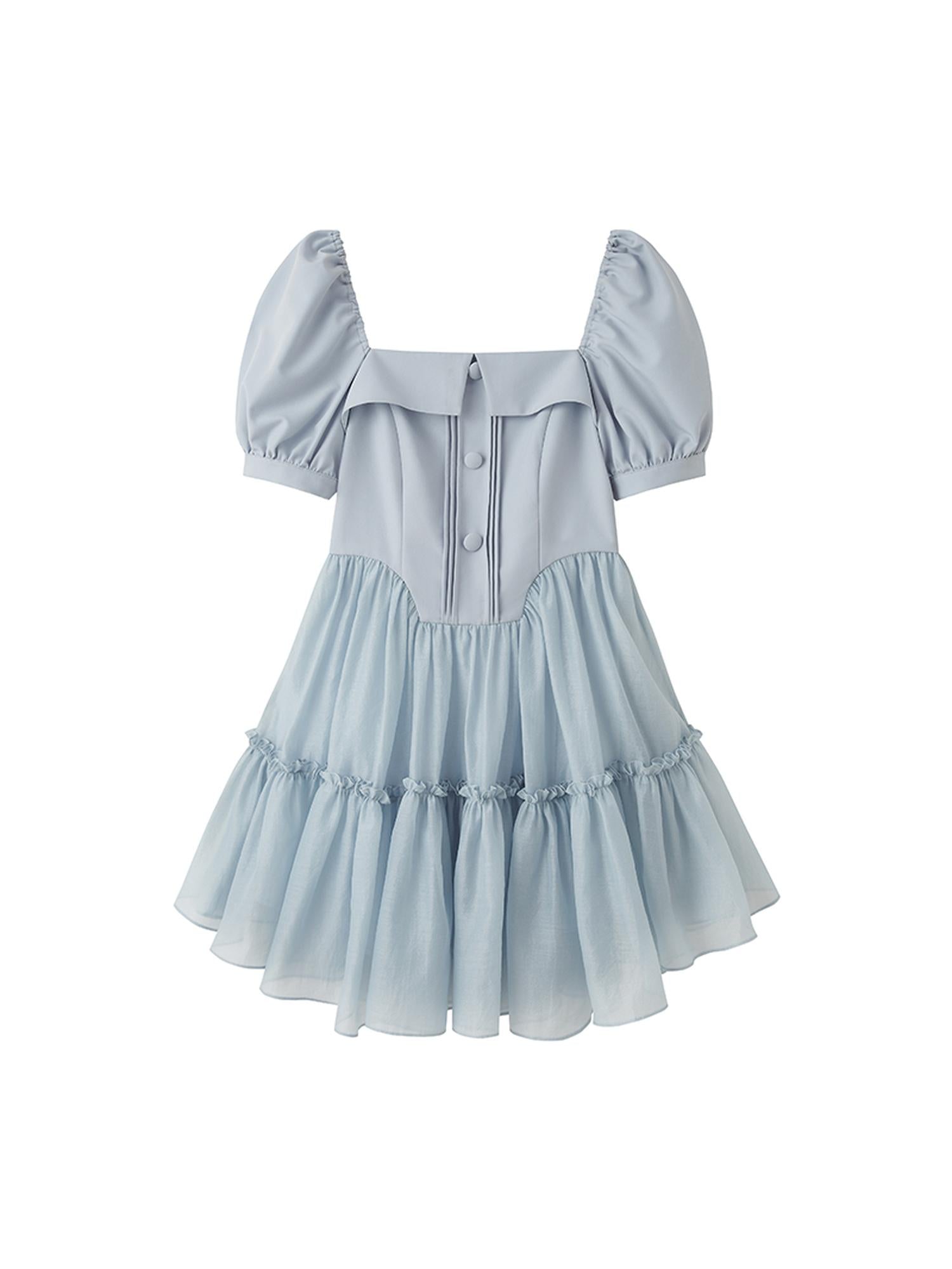 DIDDI MODA Princess Escape Bubble Sleeve Square Neck Tulle Dress