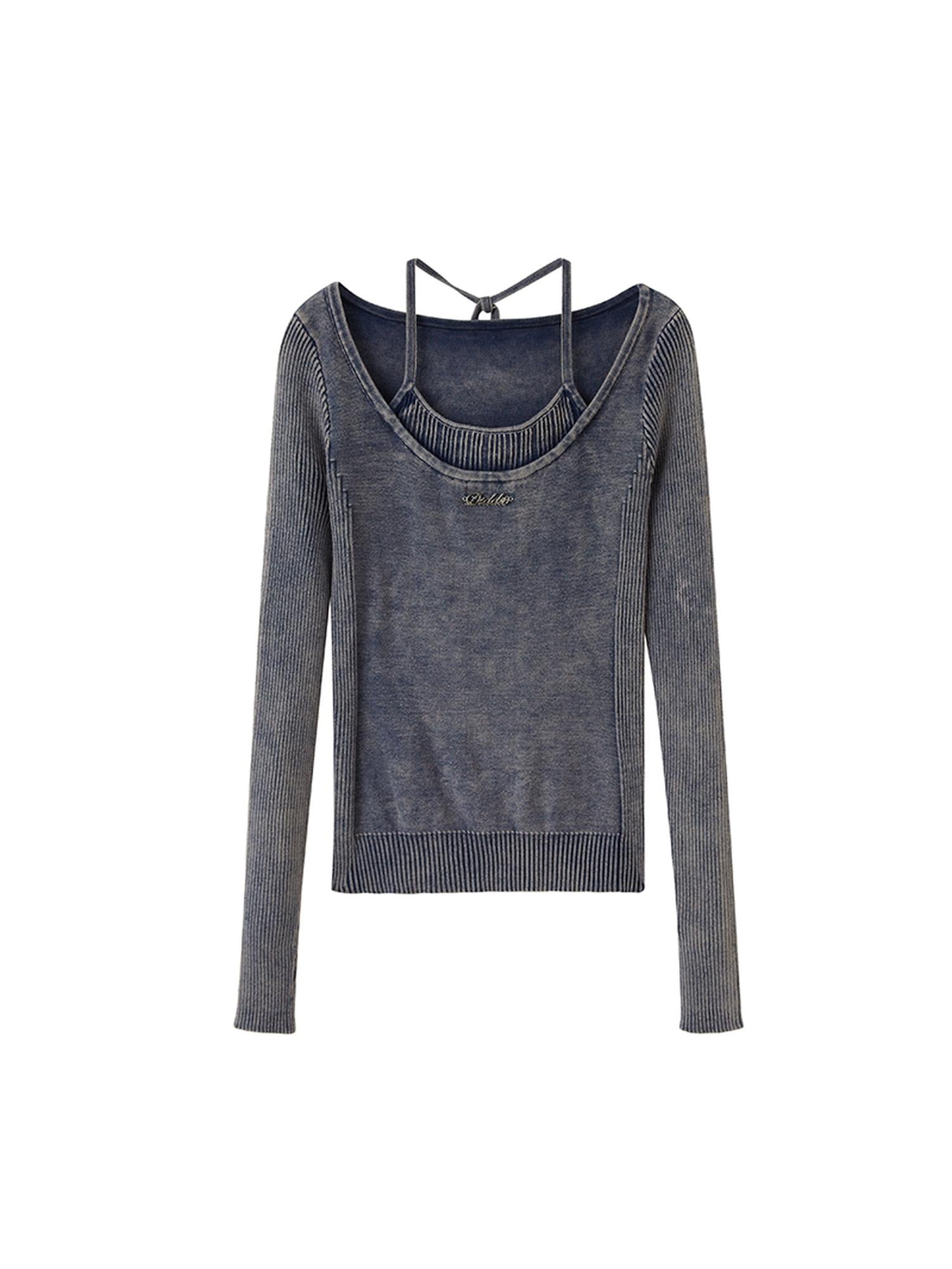 DIDDI MODA Vintage Washed Knit Mock Neck Layered Top