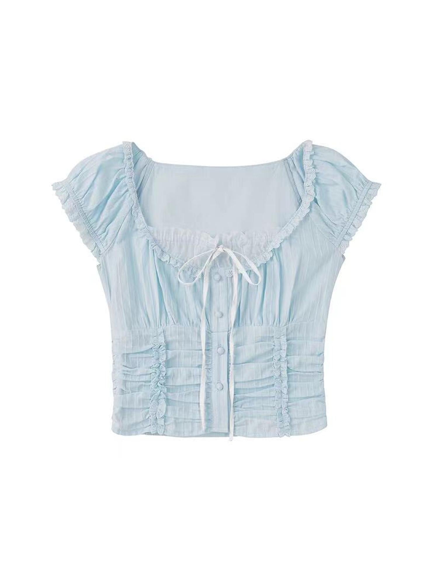 DIDDI MODA French Cotton Lace Trim Ruffled Fit Short Sleeve Blouse