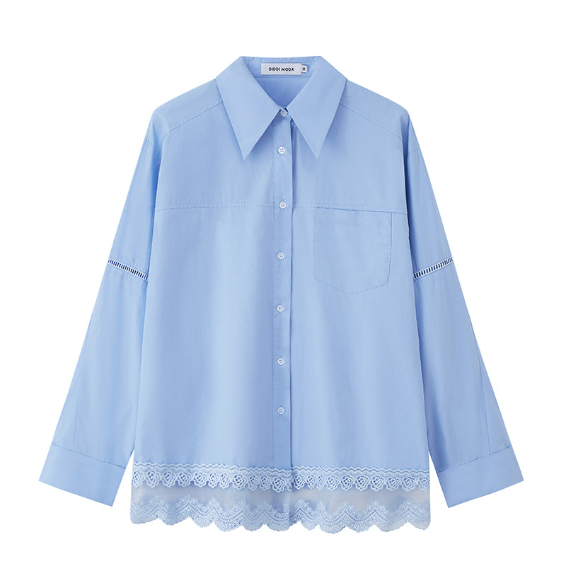 DIDDI MODA Lace Trimmed Relaxed Cotton Shirt With Floral Hem Detail