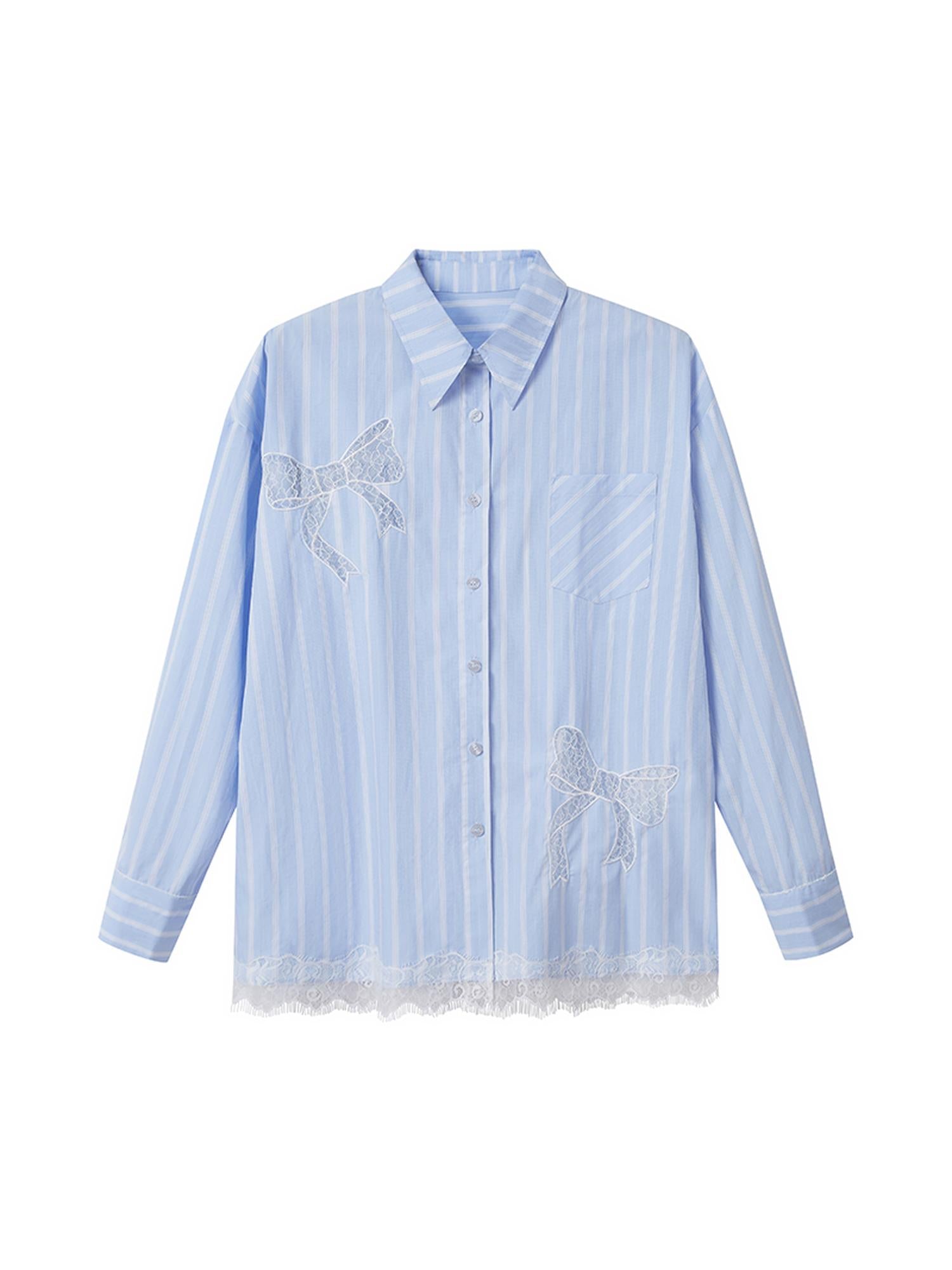 DIDDI MODA Vintage Striped Lace Bow Blouse Romantic Elegant Hollow Out Shirt