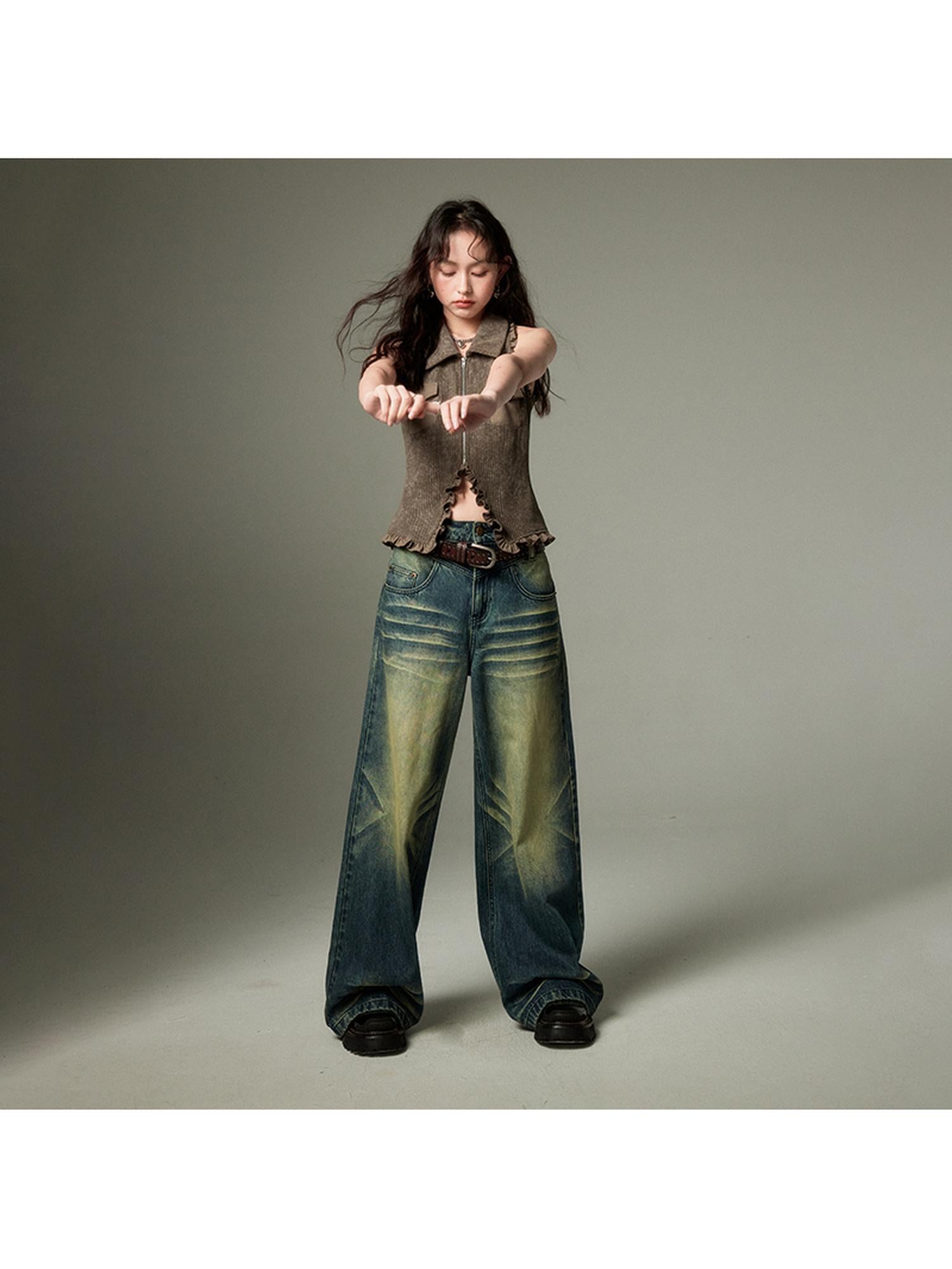 DIDDI MODA Retro Wide Leg Denim Jeans With Cat Whisker Wash