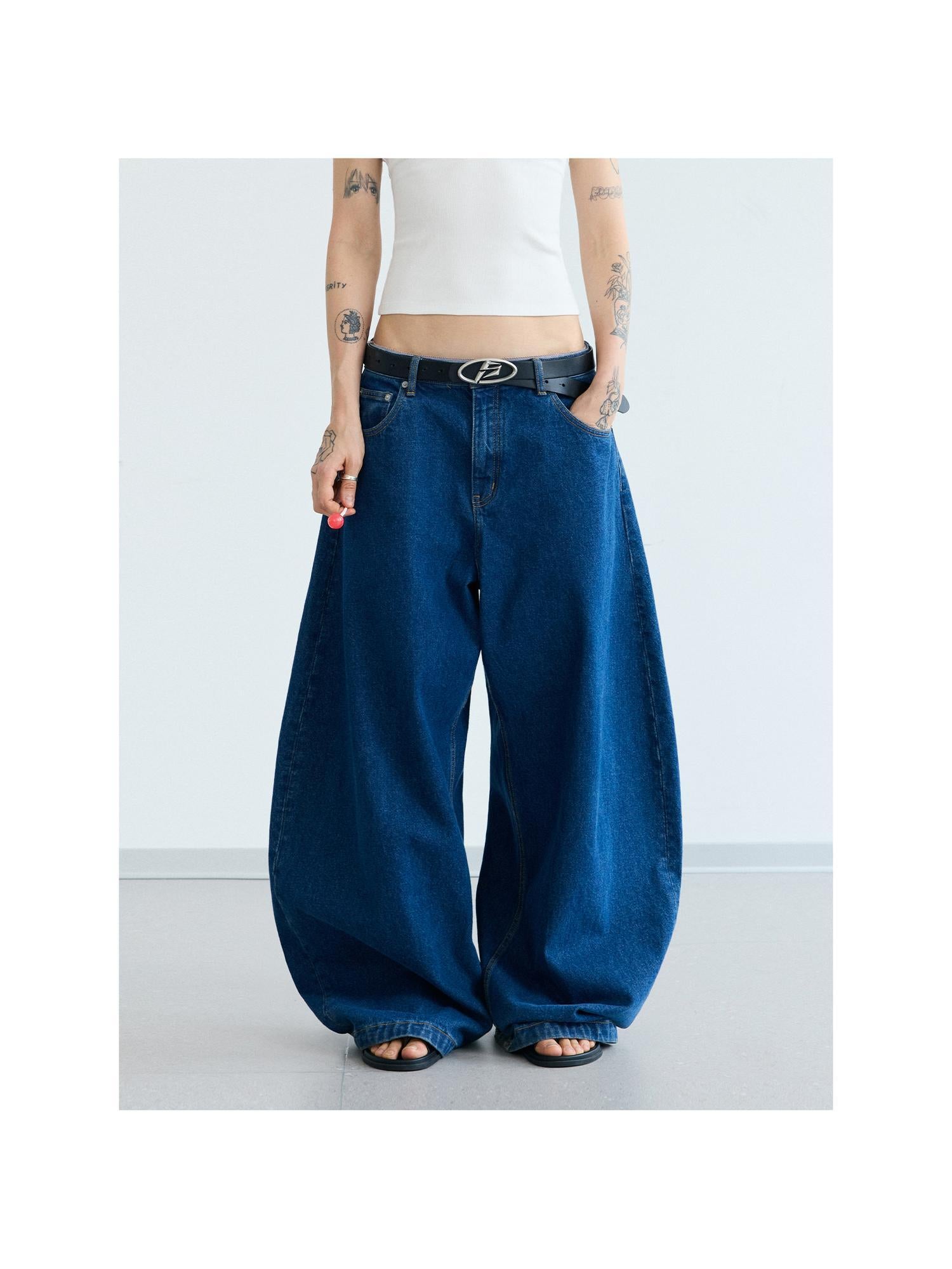 Peoplesense Retro Distressed Curved Blade Wide Leg Jeans