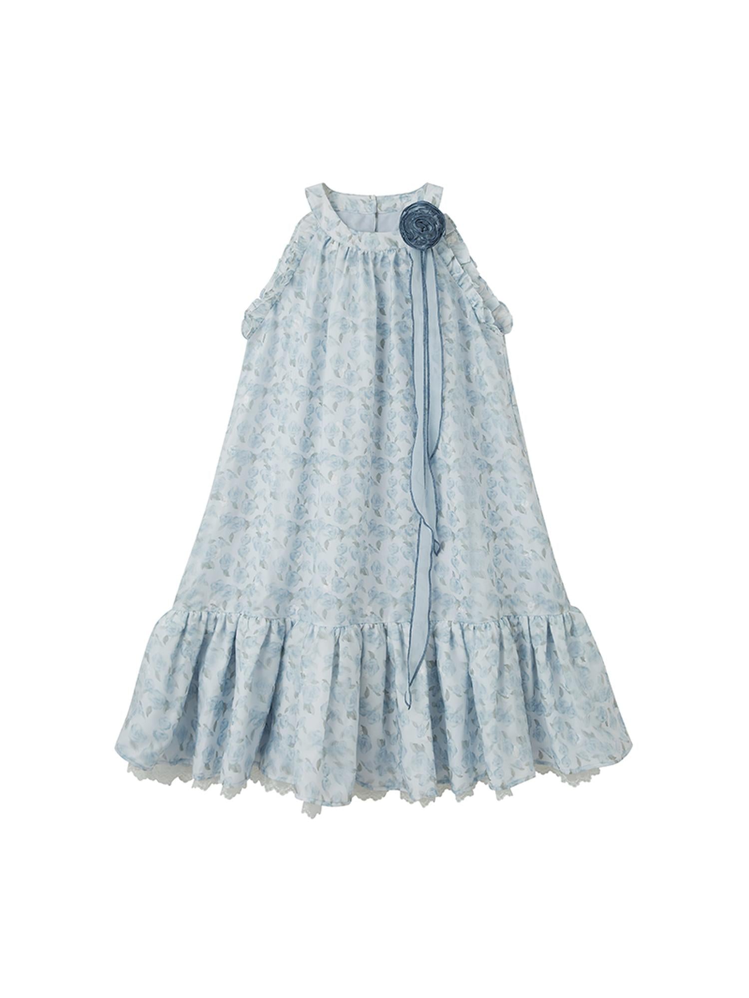 DIDDI MODA Ethereal Blue Floral Embroidery Off Shoulder Beach Dress